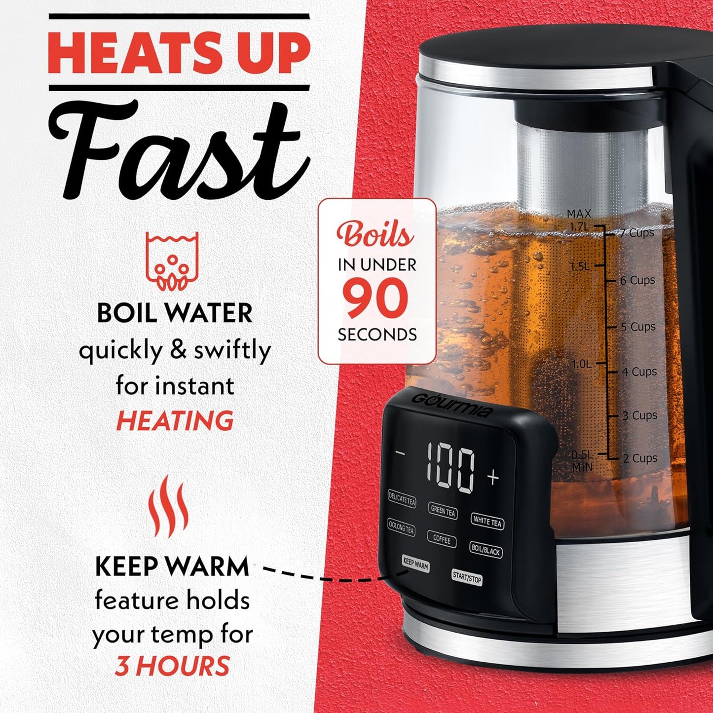 Gourmia Electric Programmable Glass Kettle – 1.7L Temperature Control Tea & Coffee Kettle with Digital Touch Display, 6 Presets, Keep Warm, Removable Stainless Steel Infuser, 360° Swivel Base – Peach