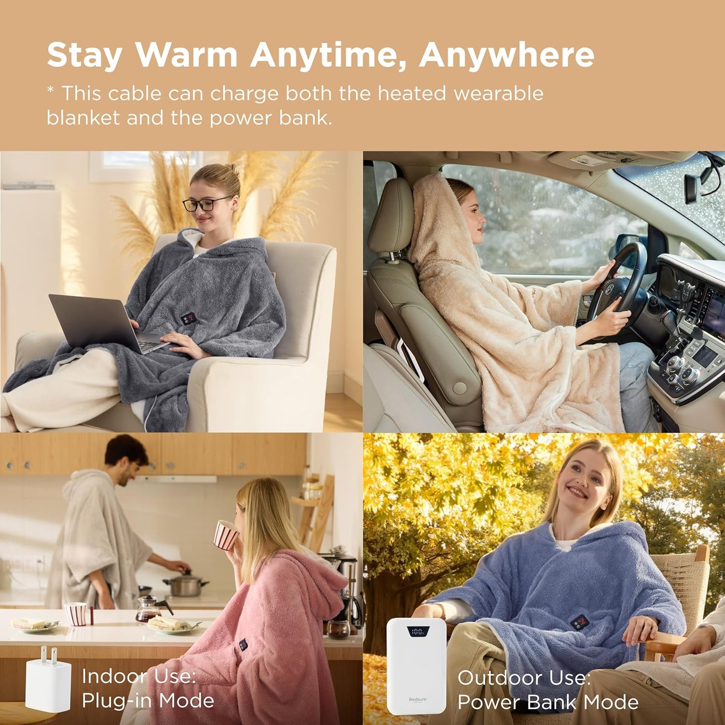 Bedsure Cordless Wearable Heated Blanket - Fluffy Electric Blanket Hoodie with 20000mAh Battery Pack, Portable USB Heated Shawl as Winter Gifts for Women Mom, 4 Heat Levels & 4 Timers, 55"x69", Pink