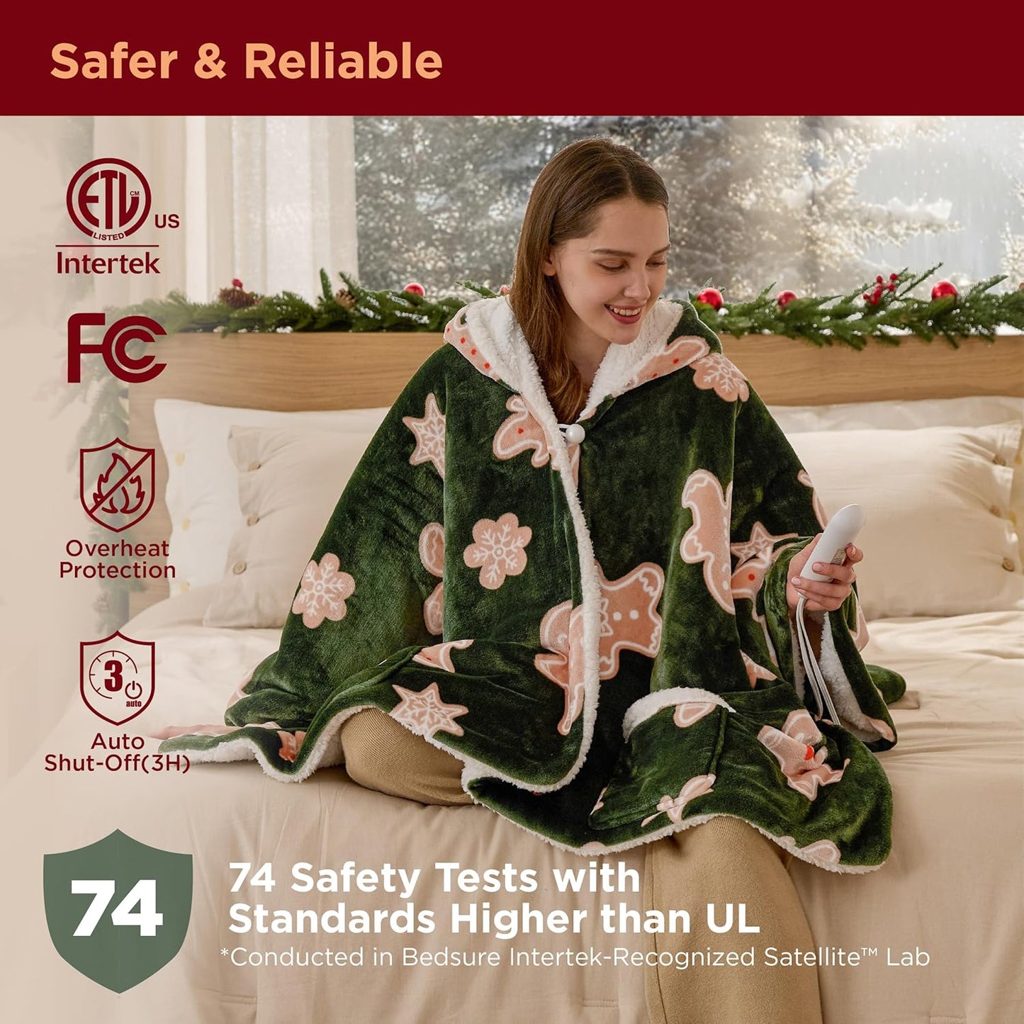 Bedsure Heated Blanket Wearable Shawl - Electric Wrap Poncho Blanket Hoodie Adult as Christmas Winter Gifts for Women, Warm Sherpa Heating Throw,Auto Shut Off, 55x64 in, Green Gingerbread Man Pattern