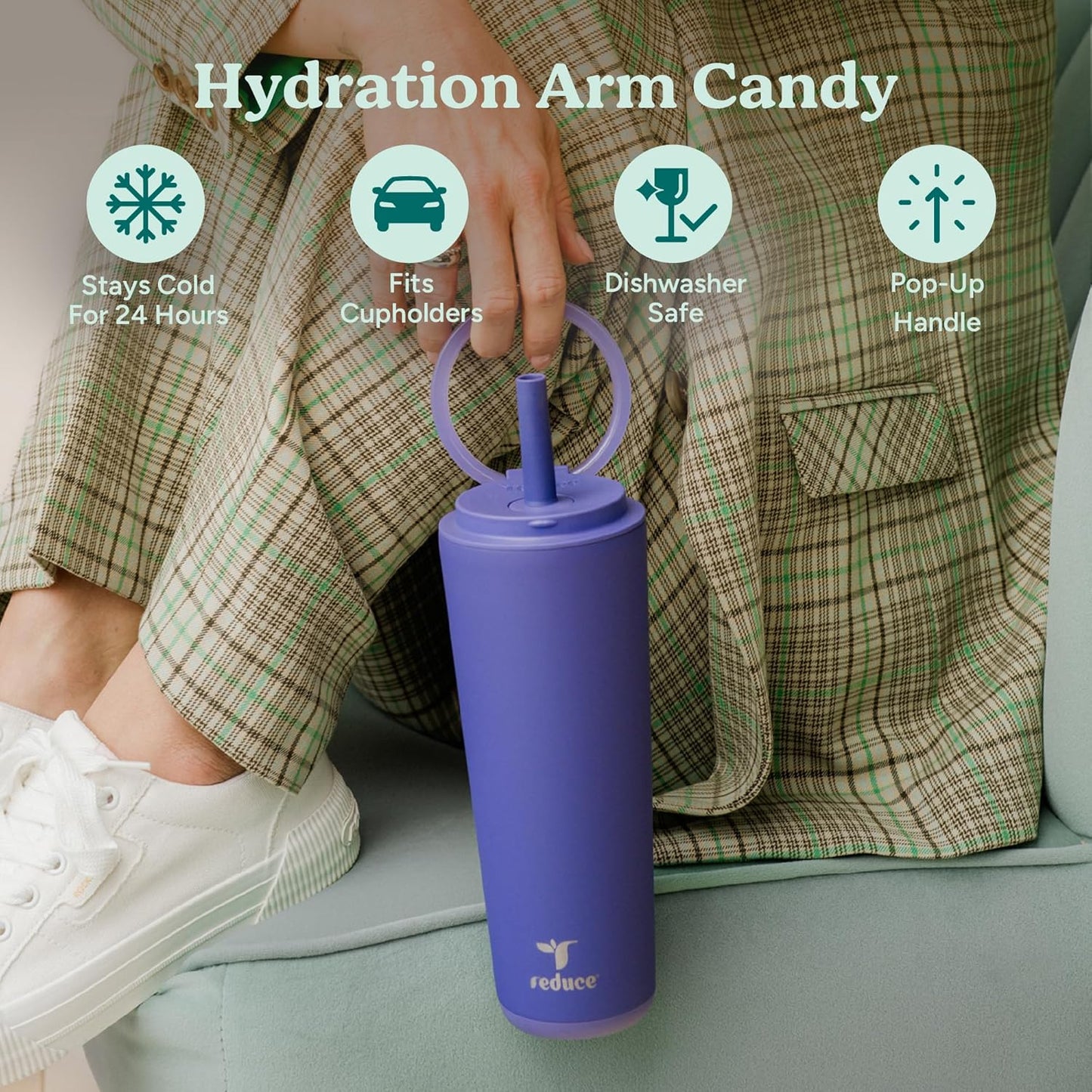 REDUCE Halo 24 oz Stainless Steel Vacuum Insulated Tumbler - Spill Proof Travel Mug with Flip Handle Lid - Keeps Drinks Cold for 32 Hrs - Dishwasher Safe - Cupholder Friendly - Phantom