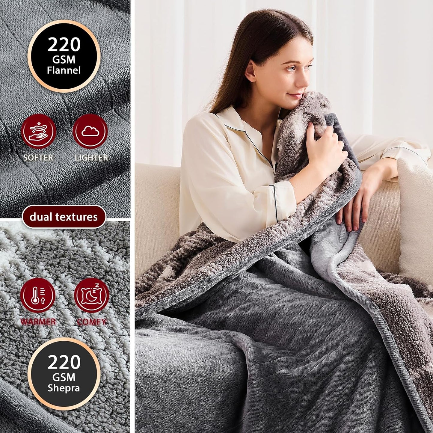 Heated Electric Blanket Twin Size - 62"x84" Flannel Heating Blanket with 10 Heating Levels & 5 Time Settings Over-Heat Protection, Winter Warmer for Adults with ETL Certification（Grey）