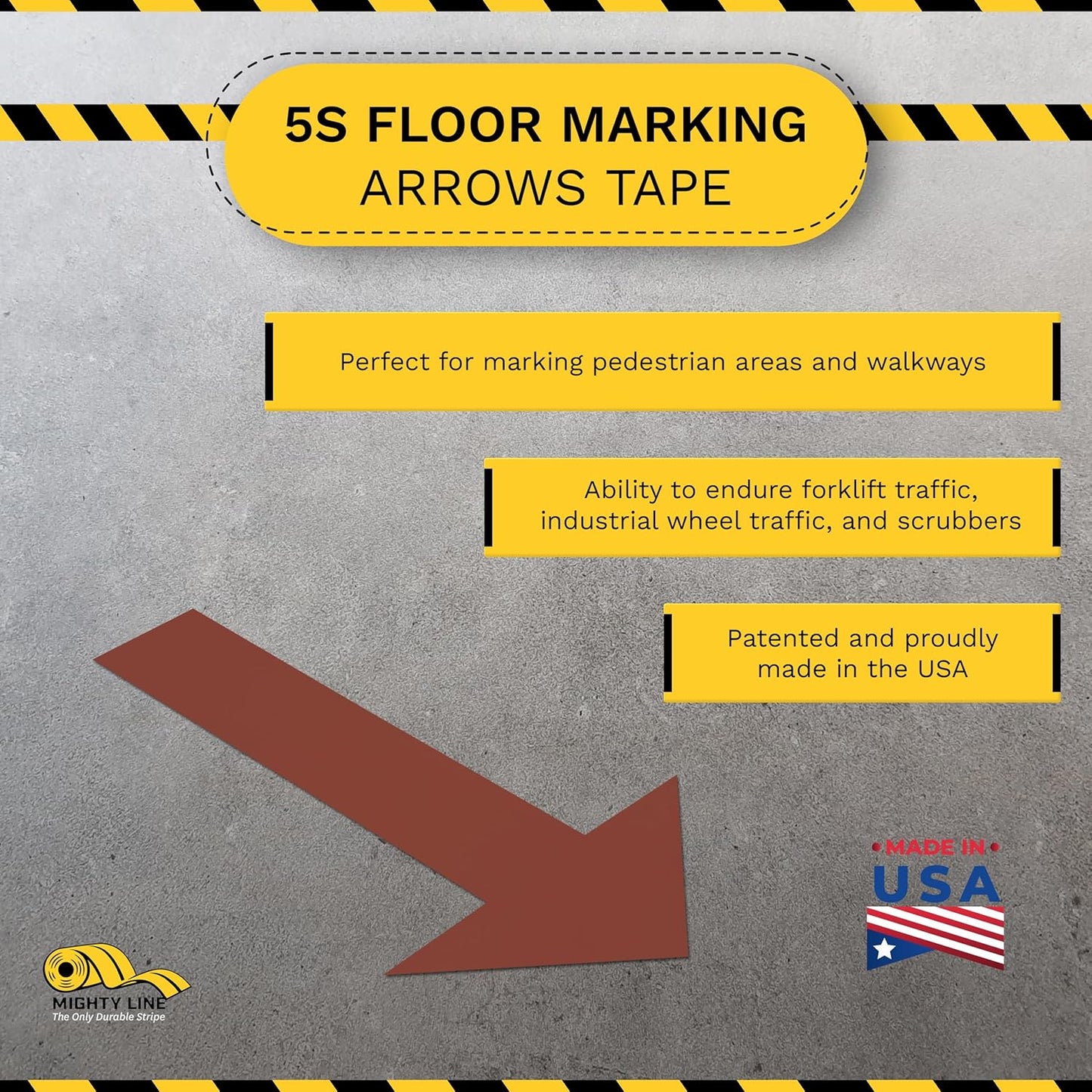 Mighty Line Solid Arrows Directional Sticker Sign Floor Marking Tape for Safety, Caution, Warning, Heavy-Duty, Peel and Stick, Adhesive, Industrial Quality, Brown, 10" by 6", Pack of 50
