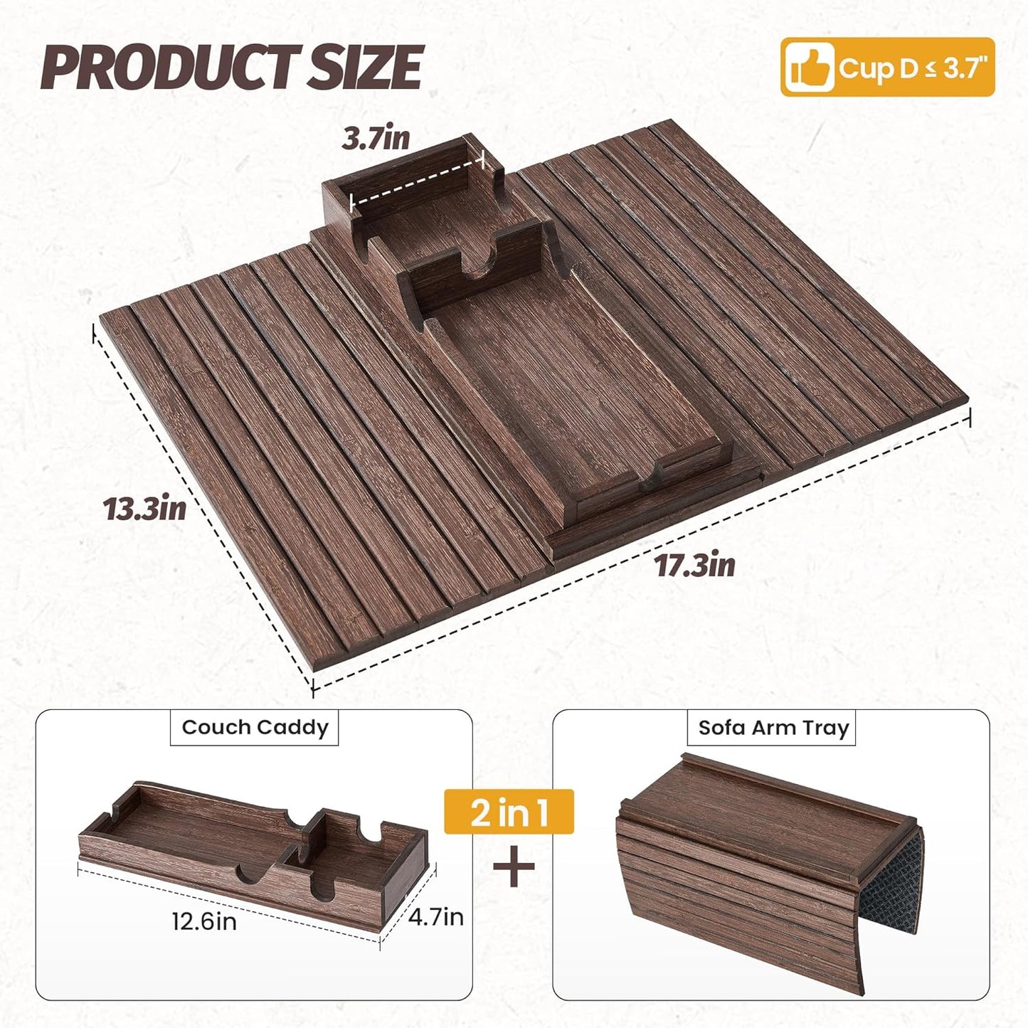 GEHE Detachable Couch Cup Holder, Anti Falling Sofa Arm Tray, Natural Bamboo Sofa Cup Holder More Safe for You Family, Portable Couch Arm Tray Armrest Table for Remote, Snacks, Phone, Drinks