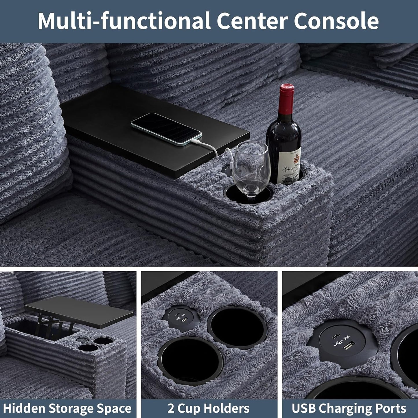 LEVNARY Modular Lift-Top Console with USB Charging and Cup Holders, Center Storage Module for Modular Reclining Sofa (Gray)