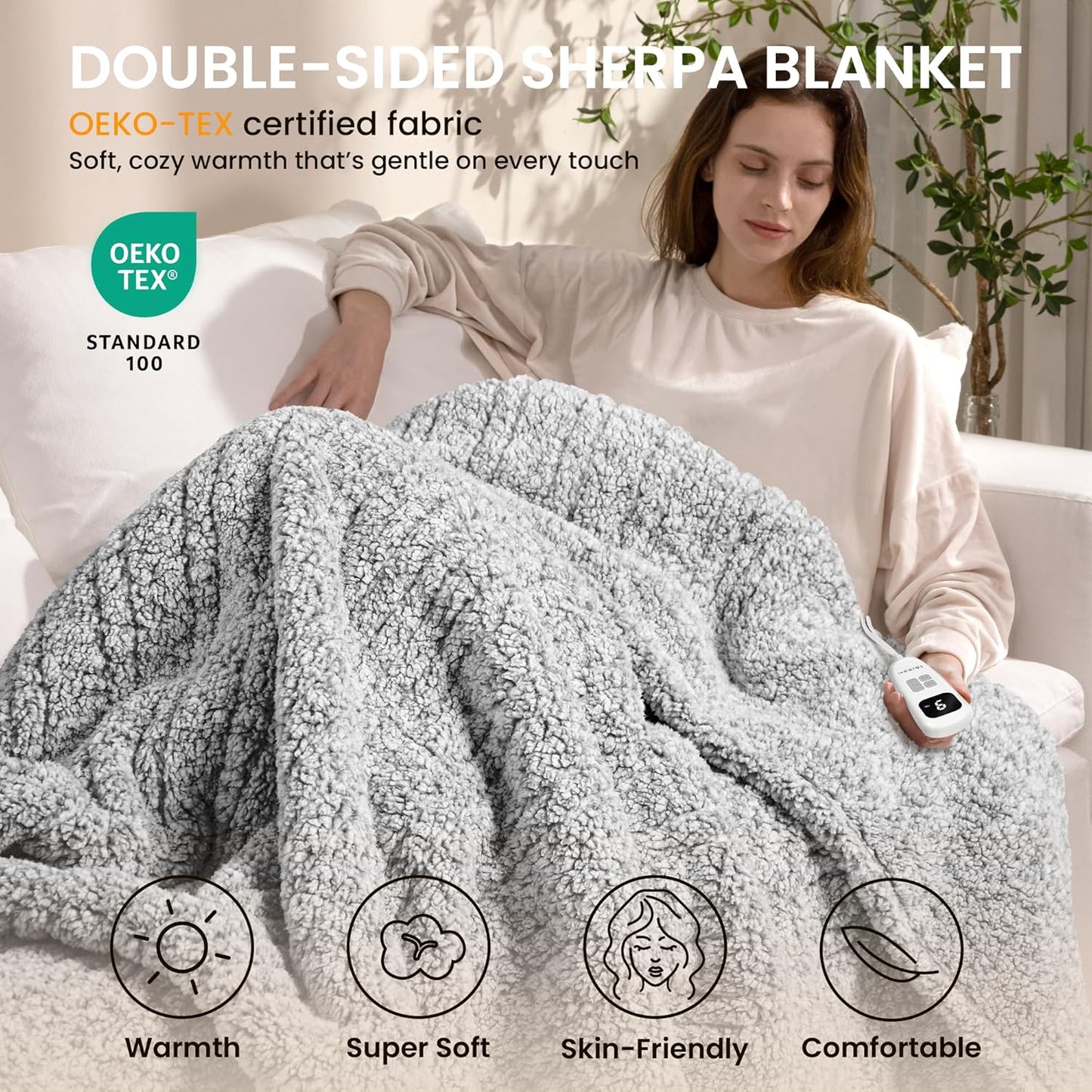 Heated Blanket Electric Blanket Queen - Fast Heating Blanket Throw Dual Control Double Sided Sherpa with 6 Heating Levels & 1-10 Hours Auto Off, Mashine Washable, 84 x 90 Inches, Grey