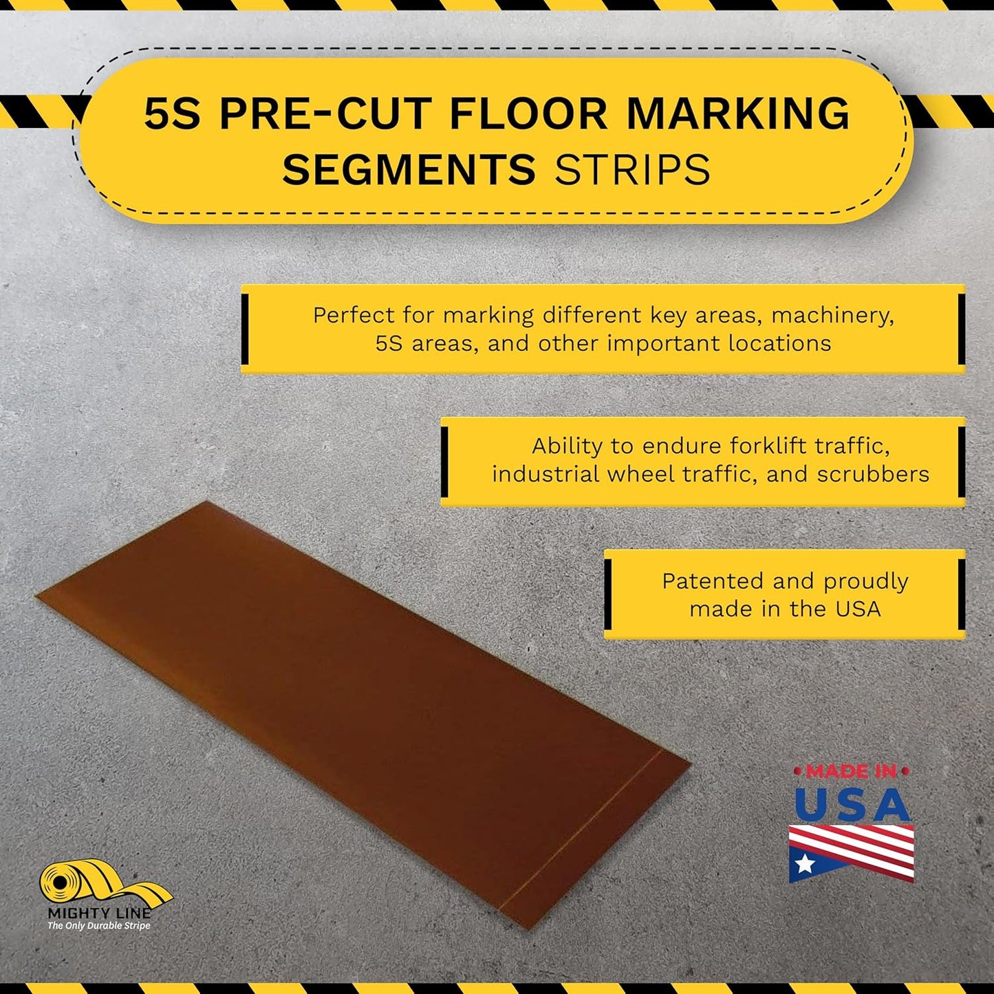 Mighty Line Floor Marking Tape Strips for Safety, Caution, Warning, Heavy-Duty, Peel and Stick, Adhesive, Industrial Quality, Brown, 2" by 10"