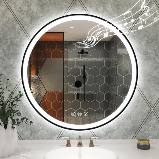 STARLEAD 32" LED-Bathroom-Mirror-with-Lights, Wall-Mounted with Bluetooth, Anti-Fog, 3 Color Temperature Dimmable Brightness, Waterproof, Tempered Glass, Frontlit & Backlit, Black Frameless Round