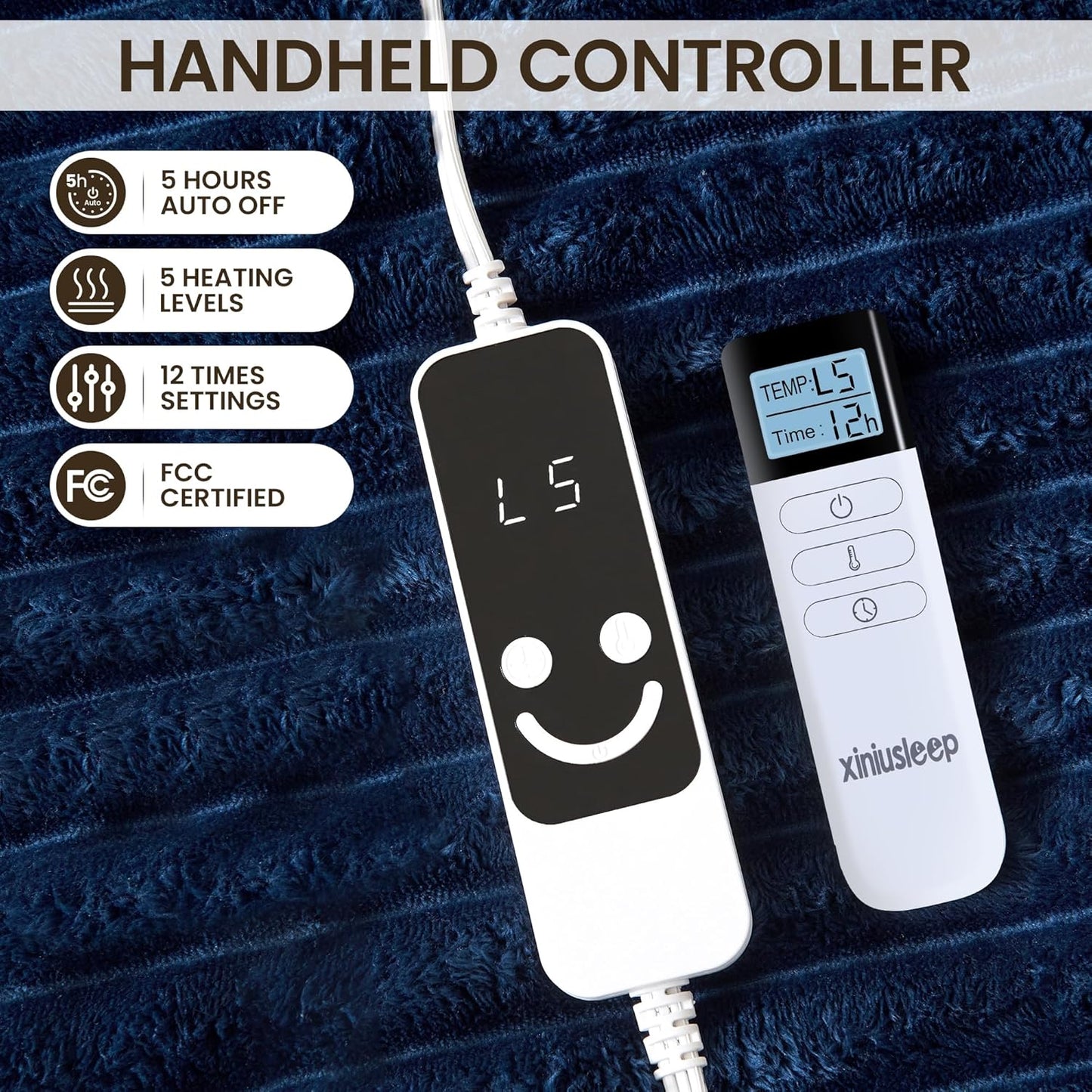 Heated Blanket Electric Blanket 62"x84", Soft Flannel Sherpa Electric Throw with 5 Heating Level & 12 Times Setting, Heated Throw with Overheating Protection, Machine Washable (Navy Blue)