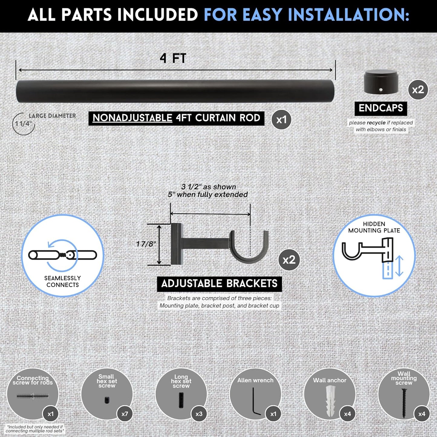 BlastHome® Non-Adjustable Luxury Curtain Rods for Windows, 1 ¼” Rod Set, 4 foot Fixed Length, Brushed Dark Brown