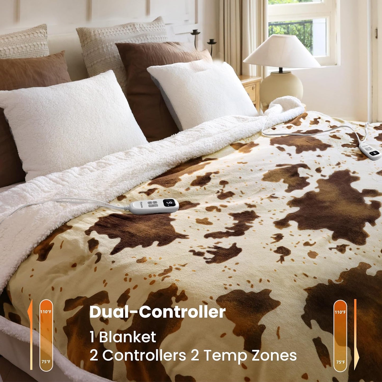 Cow Print Electric Heated Blanket Queen-Dual Control Heating Blanket Queen Size with 10 Heat Levels & 10 Hours Auto-Off, Cozy Soft Fleece Sherpa, Washable, 84x90 Inche Cow Print Apricot