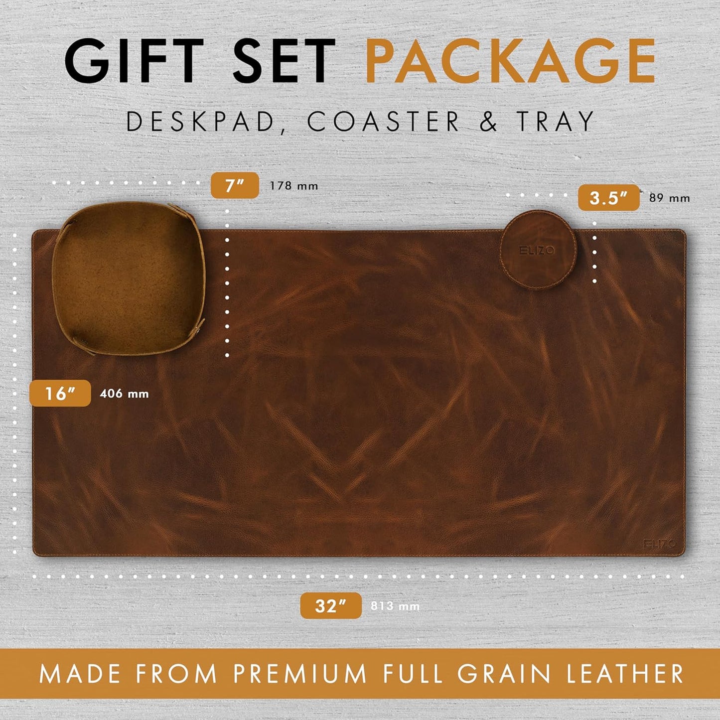 Elizo Real Leather Desk Mat Set (32x16) Large Desk Cover Desk Blotter Protector Computer Gaming Mouse Pad Table Laptop Office Desktop Accessories