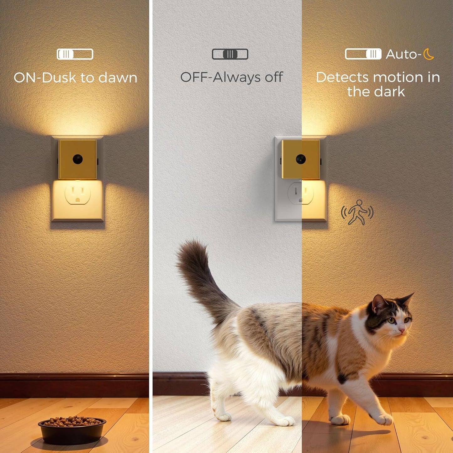 L LOHAS LED Night Light,Plug in Night Light with Motion Sensor and Dusk to Dawn Sensor, Brightness Adjustable,3000K Soft White, Gold Nightlight for Bathroom Hallway Kitchen