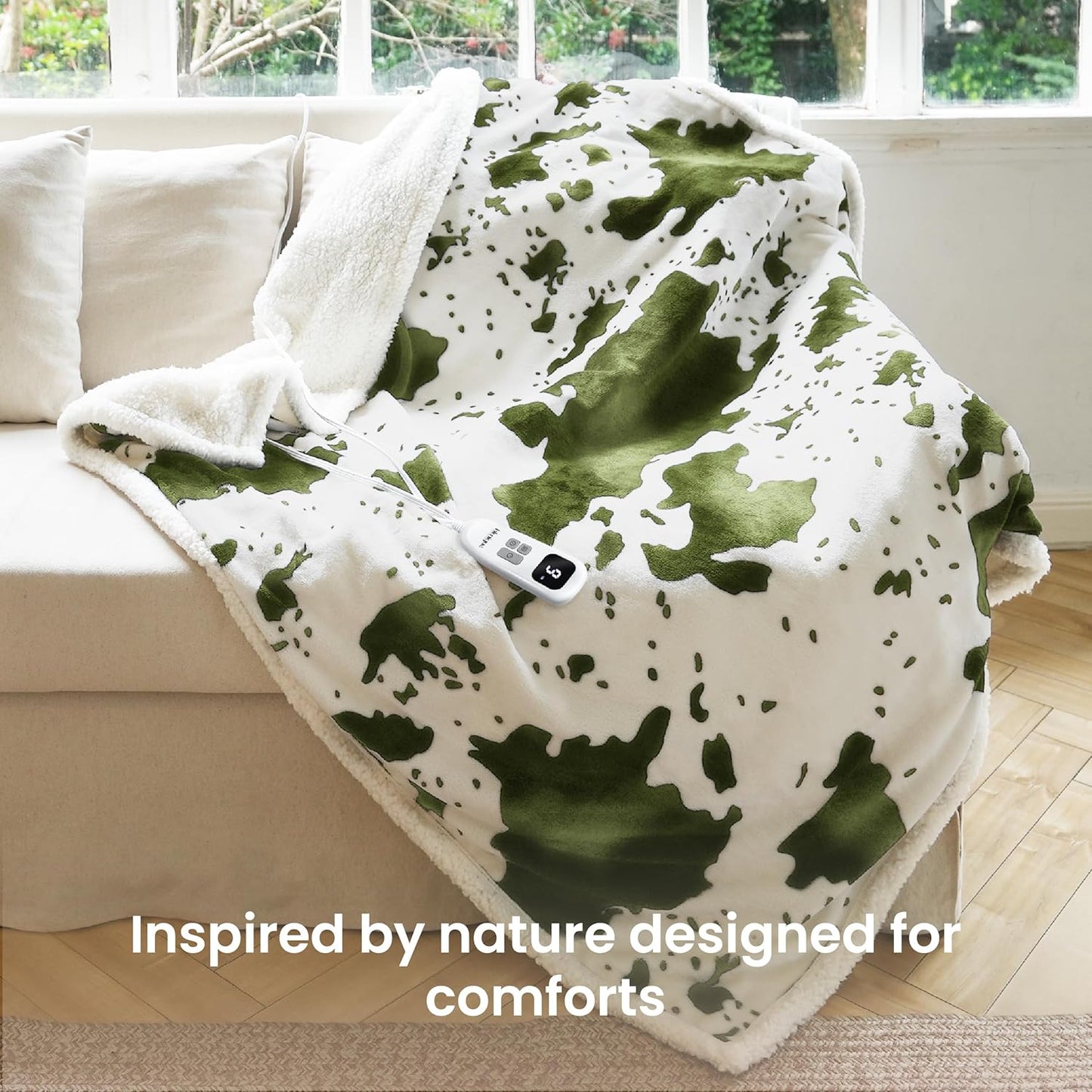 Cow Print Heated Throw Blanket Electric Blanket-Heating Blanket Throw with 10 Heat Levels & 10 Hours Auto-Off, Cozy Soft Fleece Sherpa, Washable, 50 x 60 Inches Cow Print Sage