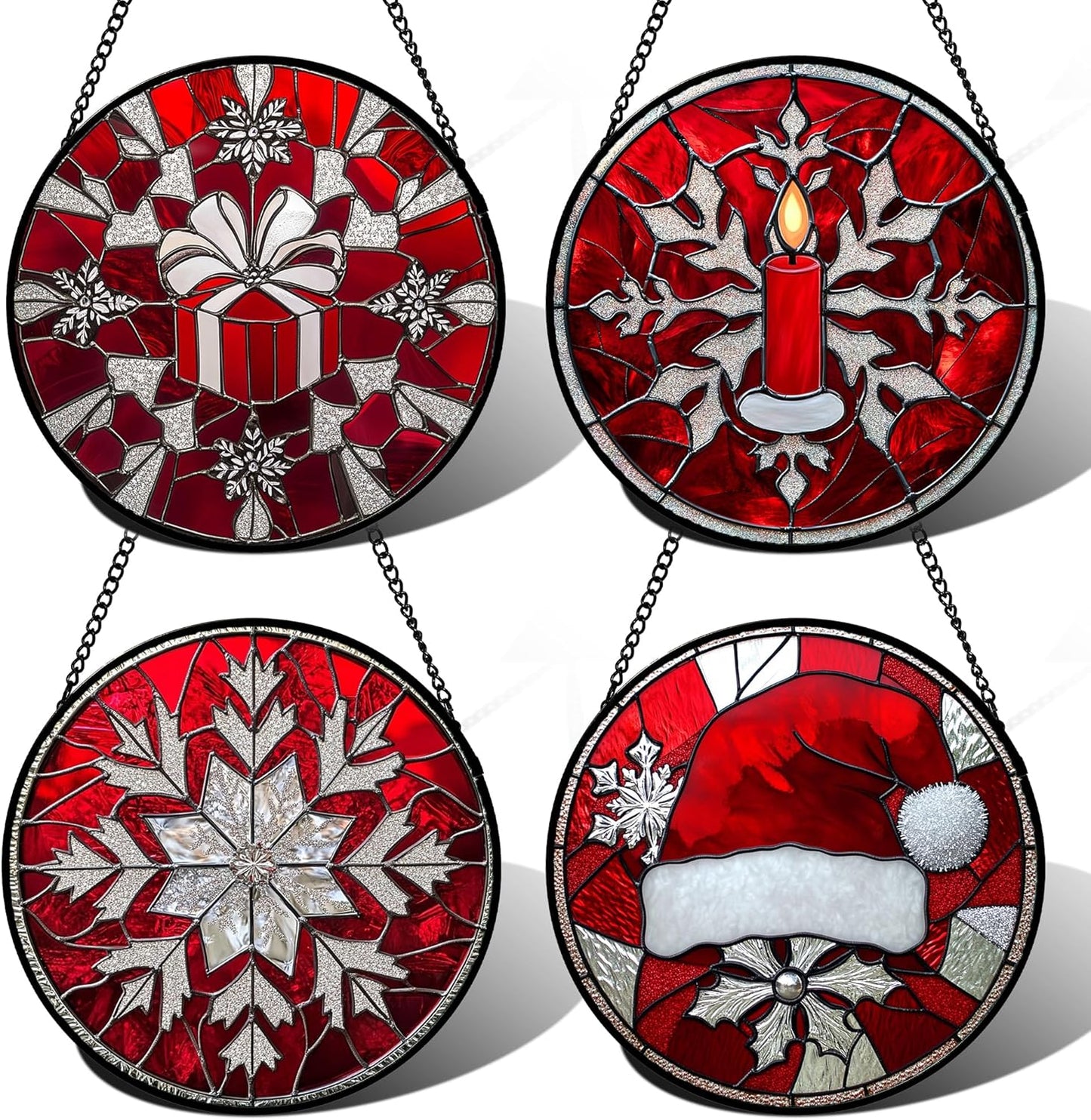 Stained Glass Window Hanging 4 Pcs Set Red Christmas Decorations Theme Large 15" - Suncatcher Door Garden Sun Catcher Decor Birthday for Mom Woman Nana Men Friend Wife