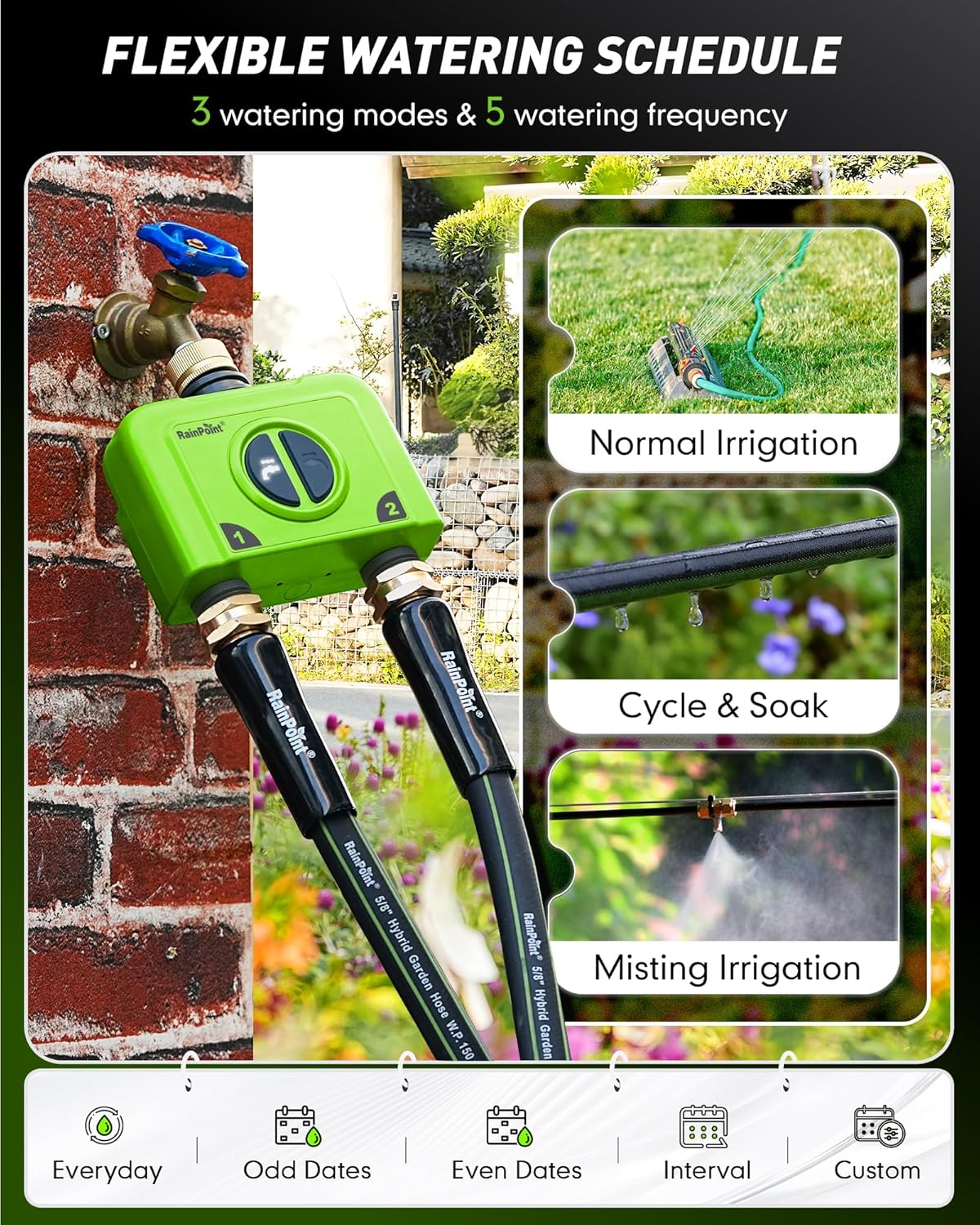 RAINPOINT WiFi Water Timer for Garden Hose, 2 Zone WiFi Sprinkler Controller, Smart Hose Timer Valve, Automatic Drip Irrigation System/Rain Delay for Garden/Lawn/Yard (Brass Inlet, No Gateway)