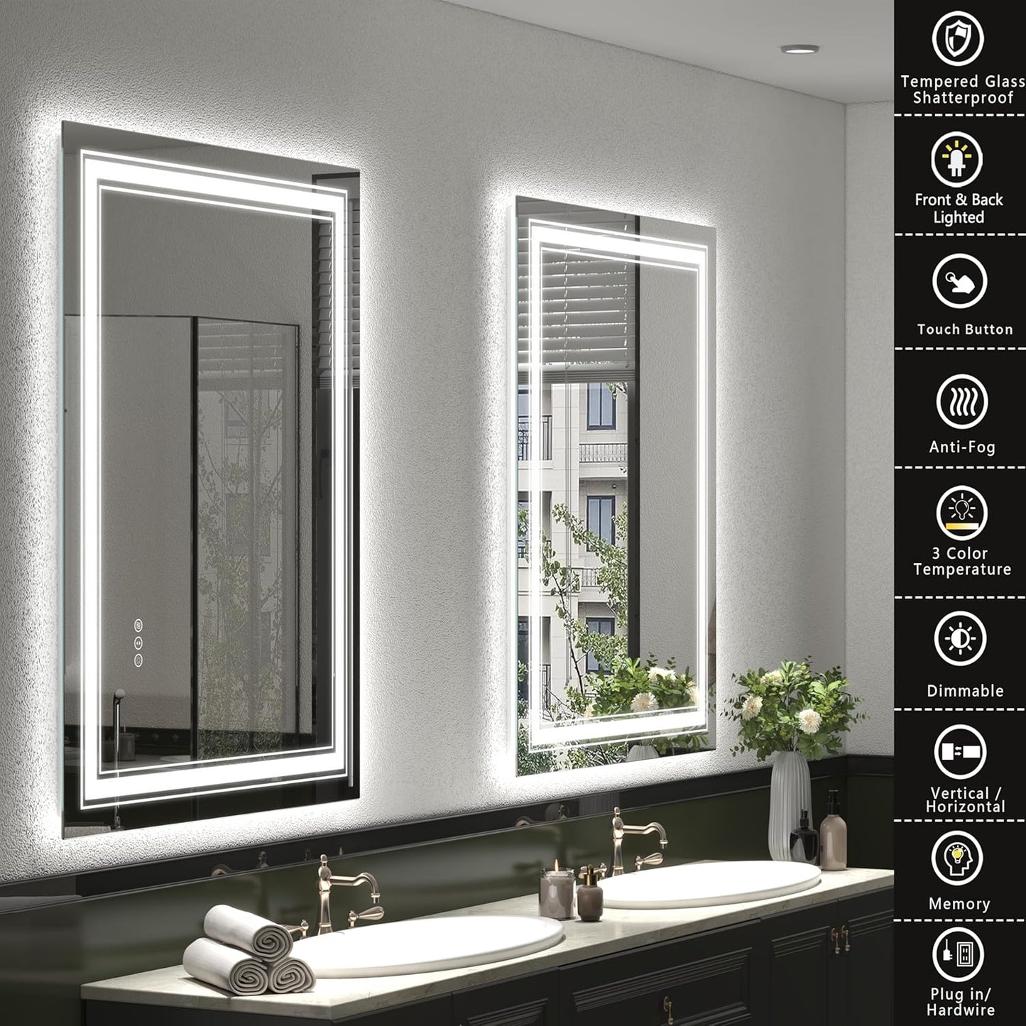 20x28 LED Bathroom Mirror, Vanity Mirror with Lights, Backlit and Front lit Mirror for Wall, Dimmable, Anti-Fog, Shatterpoof, Memory (Horizontal/Vertical)