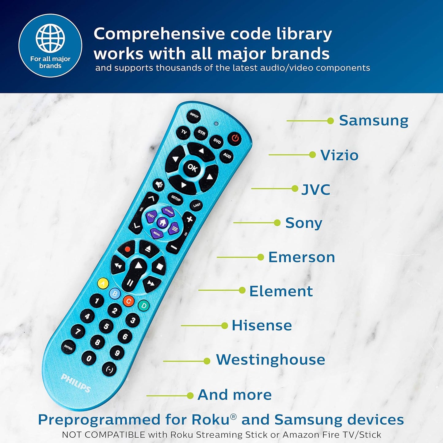 Philips Universal Remote Control, Universal TV Remote Replacement, Samsung TV Remote Control, for Roku Remote Replacement, Vizio, LG, Sony, 4 Device, Blue, SRP4229B/27
