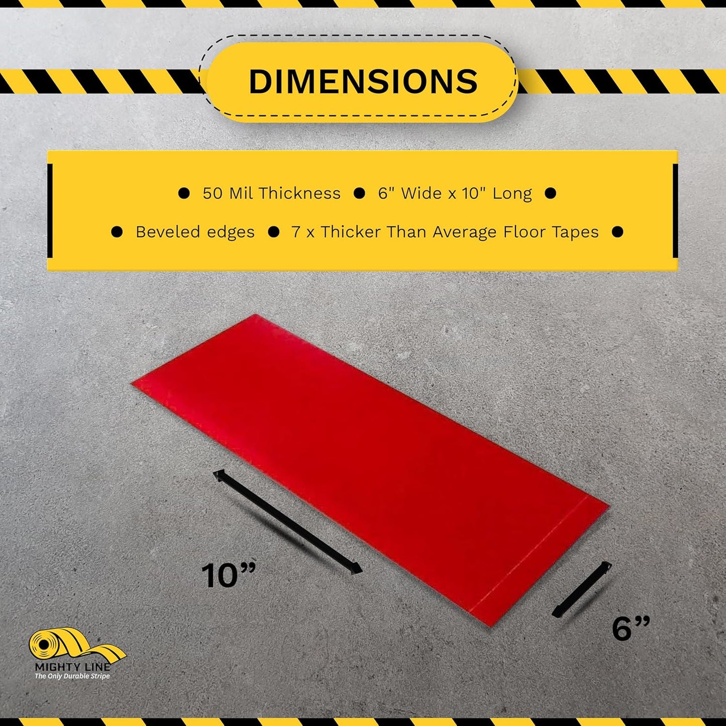 Mighty Line Floor Marking Tape Strips for Safety, Caution, Warning, Heavy-Duty, Peel and Stick, Adhesive, Industrial Quality, Red, 6" by 10"