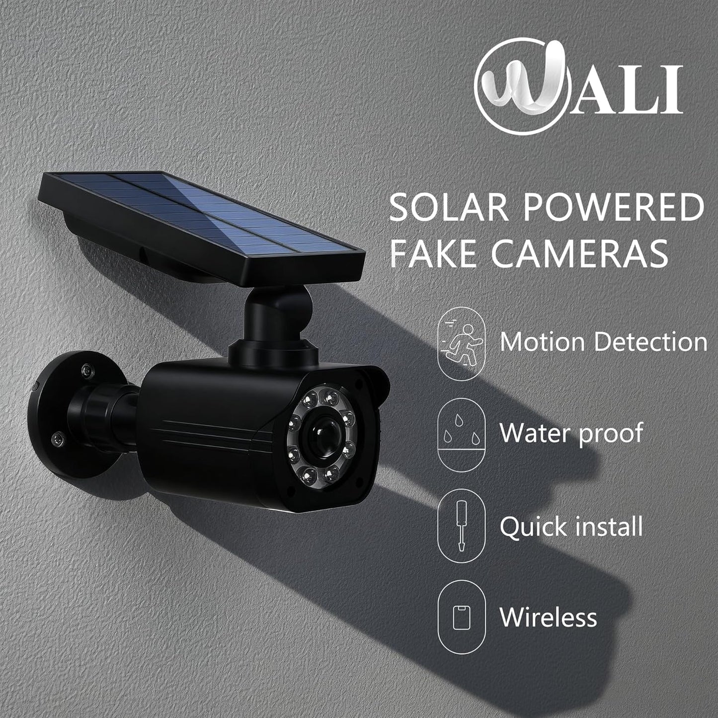 WALI Dummy Fake Camera, Security Camera with Motion Sensor Flood Light, Simulated Surveillance Security CCTV Dome Camera Indoor Outdoor (TCB2-SOL), 2 Packs, Black-Solar