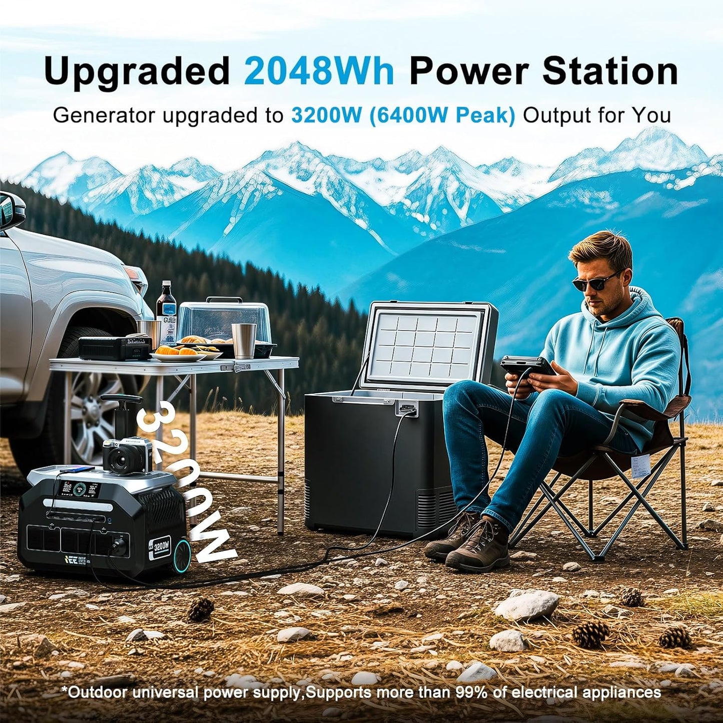 IEE 3200W Solar Generator P3200 with 2x500W Solar Panel, 2048Wh Portable Power Station, 1800W AC Charging, AC Outlets x 4, LiFePO4 Battery Power Station for Home Backup, Camping, RV, Emergency