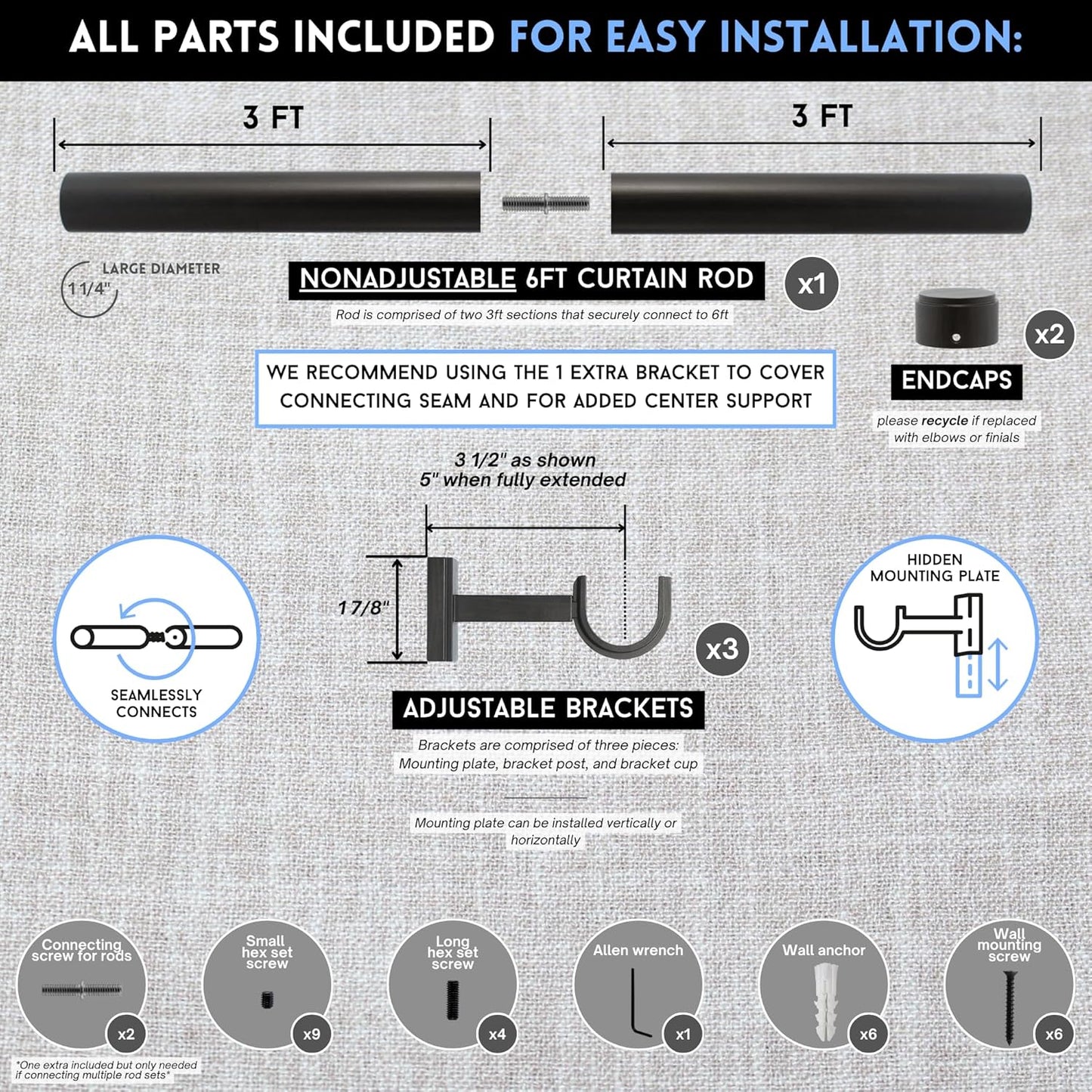 BlastHome® Non-Adjustable Luxury Curtain Rods for Windows, 1 ¼” Rod Set, 6 foot Fixed Length (Two Rods Connect for a Seamless Look), Brushed Dark Brown