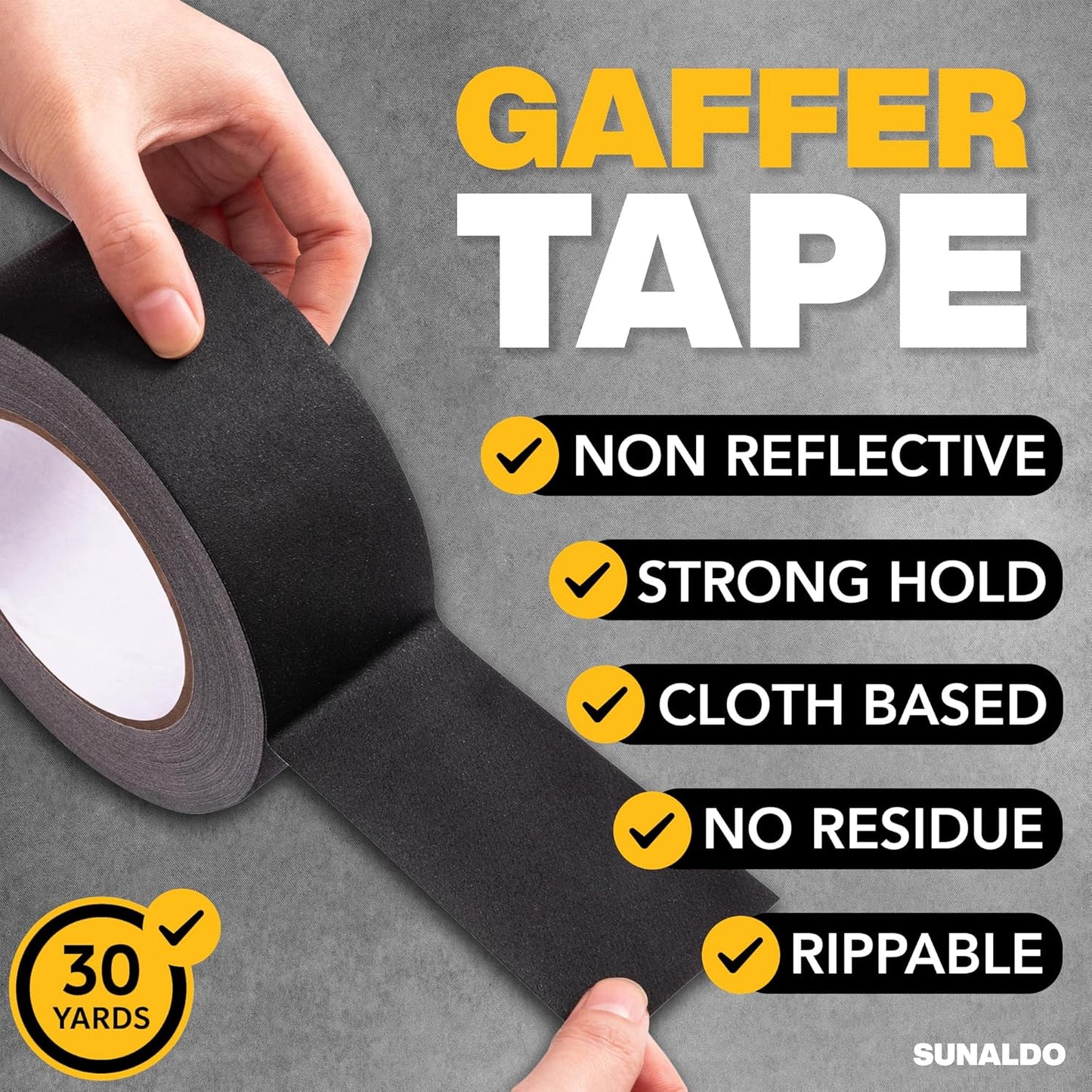 Gaffers Tape Heavy Duty, Easy to Rip, Residue-Free Professional Grade Floor Tape for Electrical Cords, Matte Finish Non Reflective, Weather Resistant (3, Black, 2" x 30 Yards)