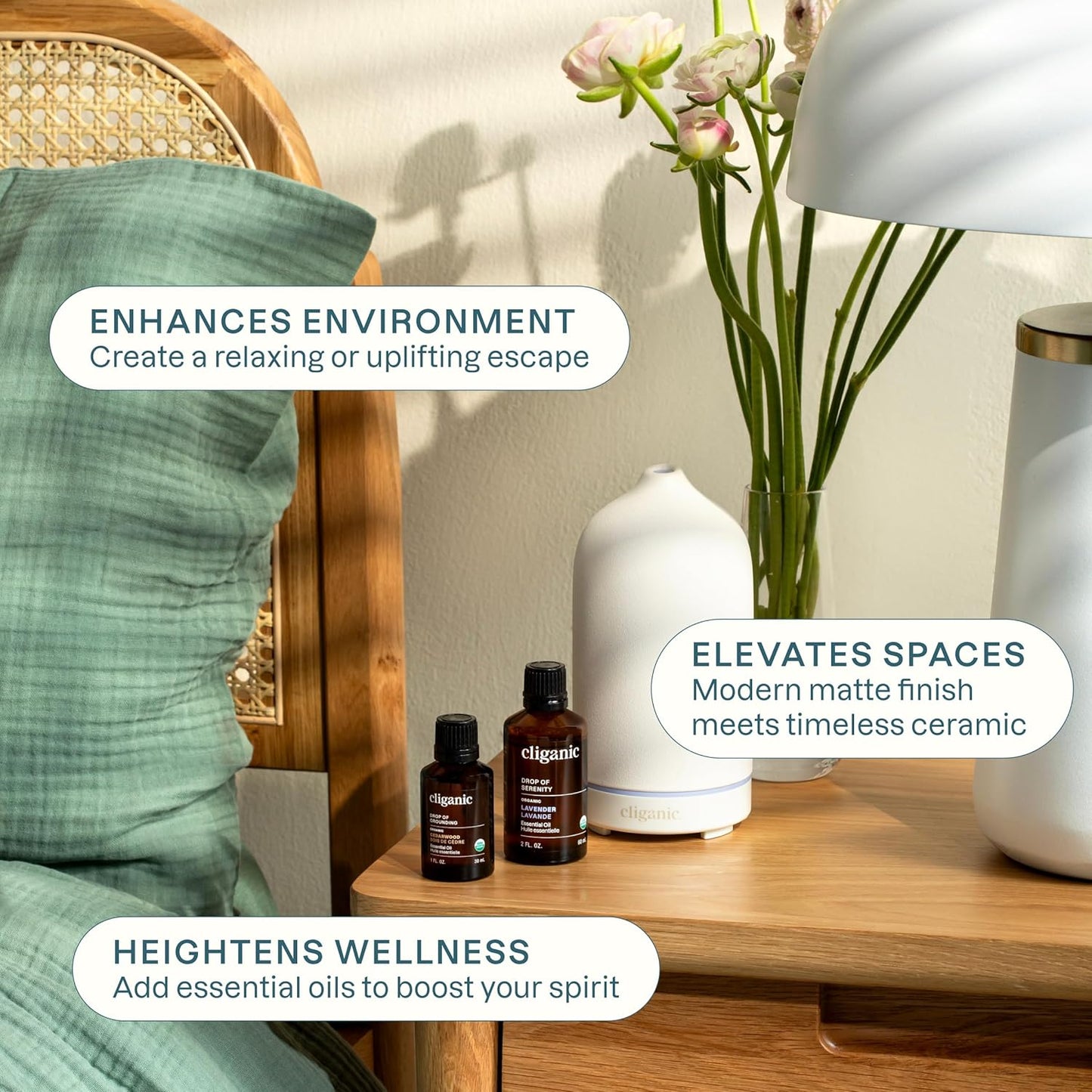 Cliganic Signature Essential Oils Diffuser Set – Aromatherapy Humidifier with LED for Home, Office & Bedroom Includes Peppermint, Lavender, Tea Tree & Orange Essential Oils Christmas Gift Kit