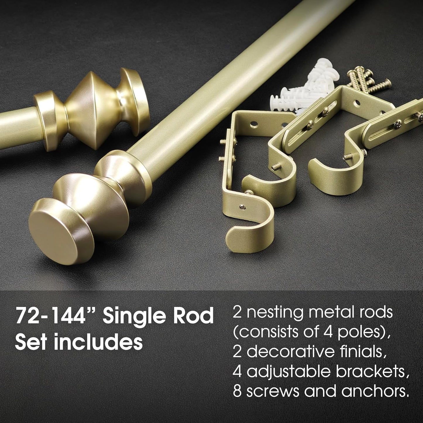 1-1/8 Inch Diameter Champagne Gold Curtain Rods with Modern Geometric Finials, 72-144'' Telescoping Single Curtain Rods for window width 68-140 inch, 1 pack