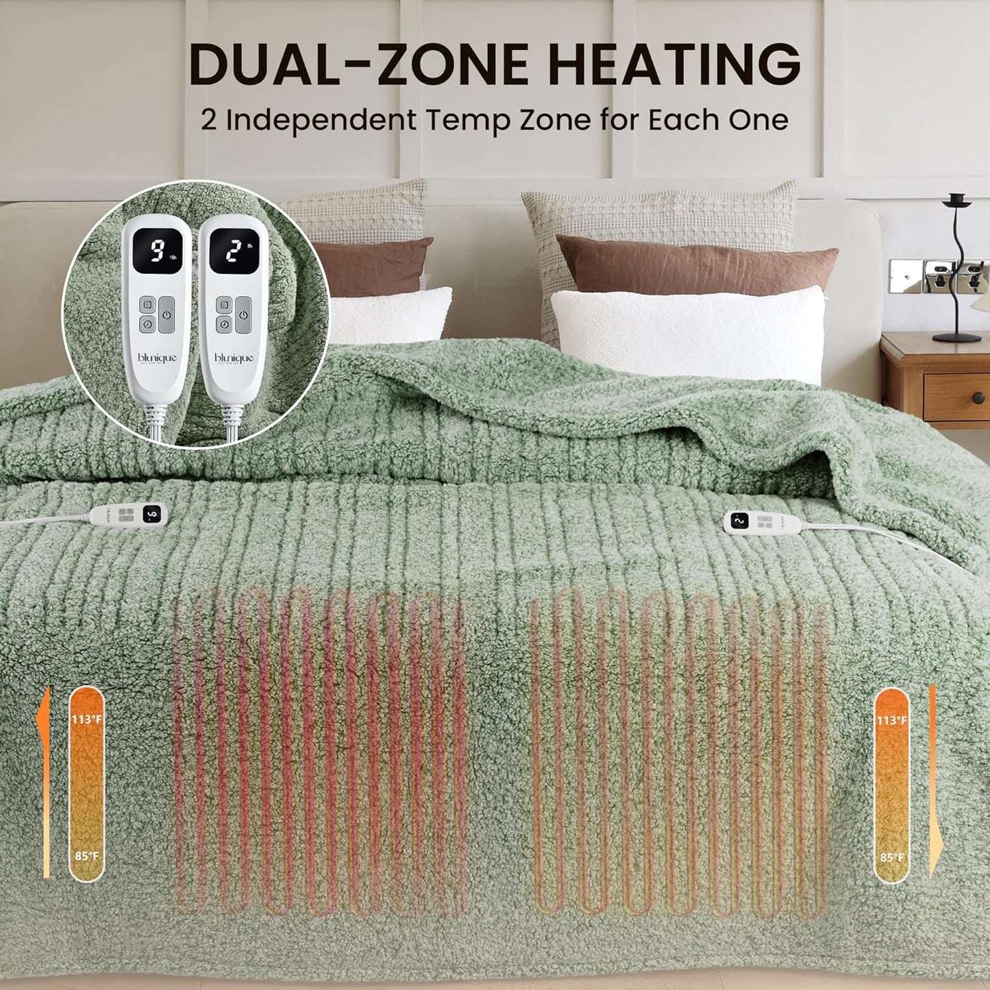 Heated Blanket Electric Blanket King - Fast Heating Blanket Throw Dual Control Double Sided Sherpa with 6 Heating Levels & 1-10 Hours Auto Off, Mashine Washable, 90 x 100 Inches, Sage