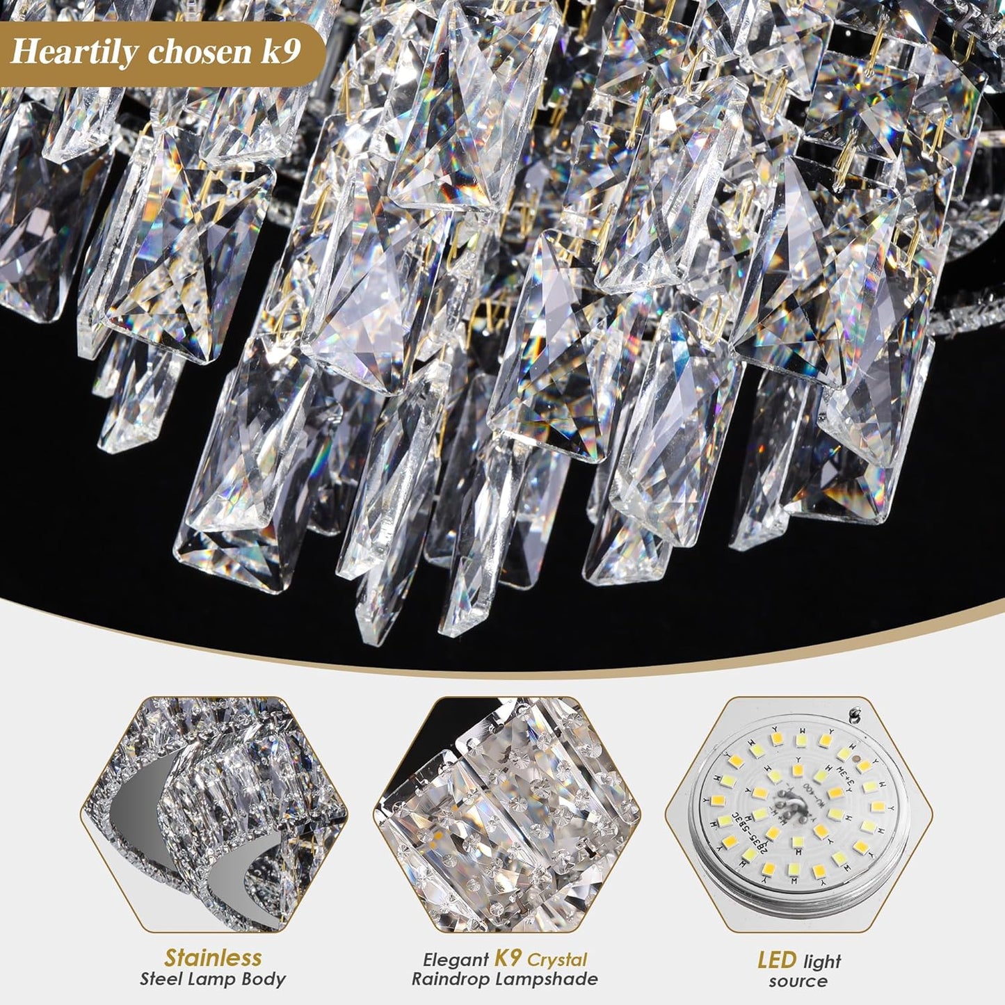 18 inch Crystal Black Ceiling-Light Flush Mount with Remote and APP Control, 3CCT Dimmable & Brightness Adjustable, Modern Crystal Raindrop Chandeliers for Bedroom Hallway Dinning Room Living Room