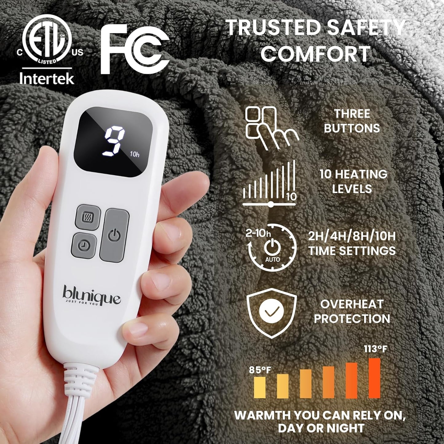 Heated Blanket Electric Blanket Twin - Fast Heating Blanket Throw Double Sided Sherpa Ultra Soft Cozy with 10 Heating Levels & 2-10 Hours Auto Off, Mashine Washable, 62 x 84 Inches, Grey Twin