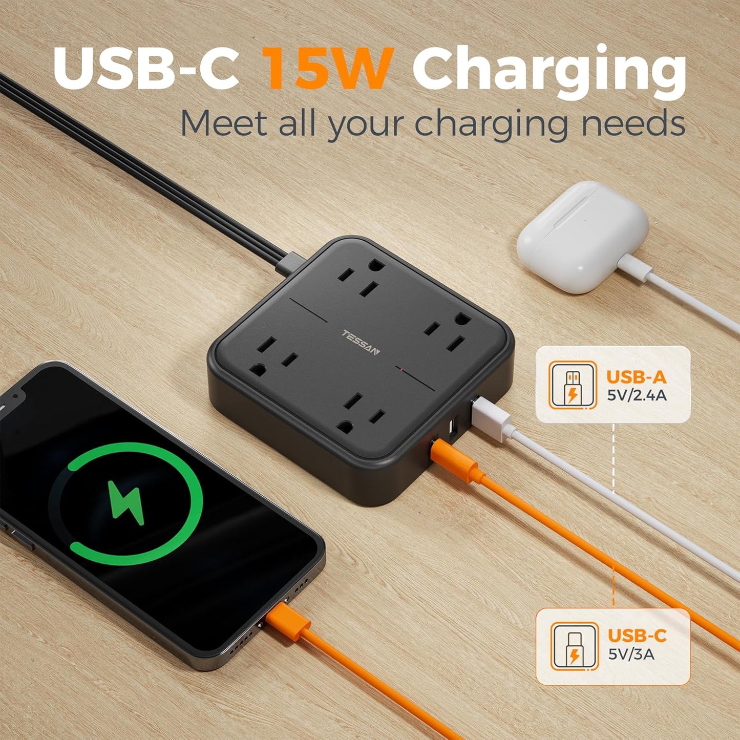 Surge Protector Flat Extension Cord 15FT, TESSAN Flat Plug Power Strip with 4 Outlets 3 USB C Ports (1 USB C), 900 Joules Protection, Multiple Wall Outlet Extender Suitable for Home Office Dorm, Black