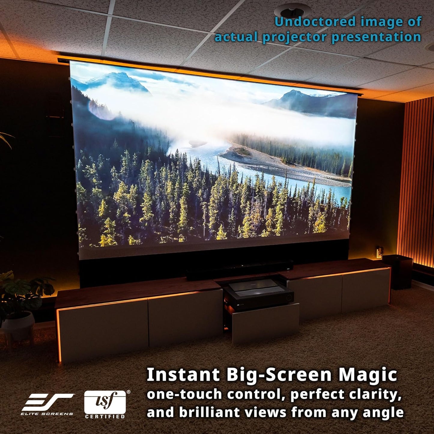 Elite Screens Kestrel Tab-Tension 3 CineWhite, 122 inch 16:9 Aspect Ratio, ISF Certified, Electric Floor-Rising Motorized Tab-Tensioned Front Projector Screen, Programmed Remote Kit, FTE122H3
