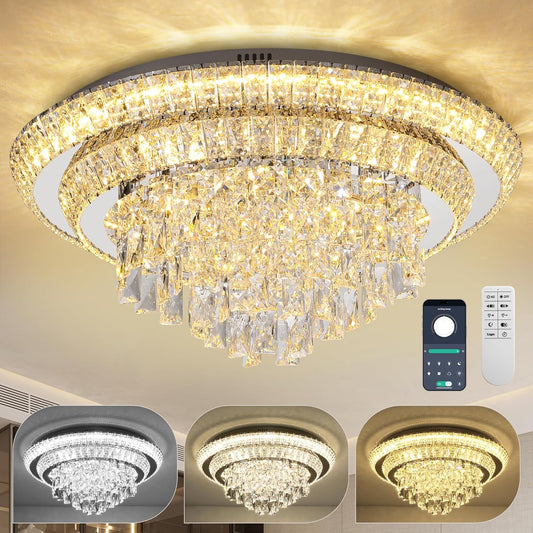 COCOSTAR 24 inch Flush Mount Crystal Chandeliers with Remote and APP, Modern Elegant LED Crystal Raindrop Ceiling Light Fixture, 3CCT Dimmable, for Living Room Kitchen Island Bedroom Entryway Foyer