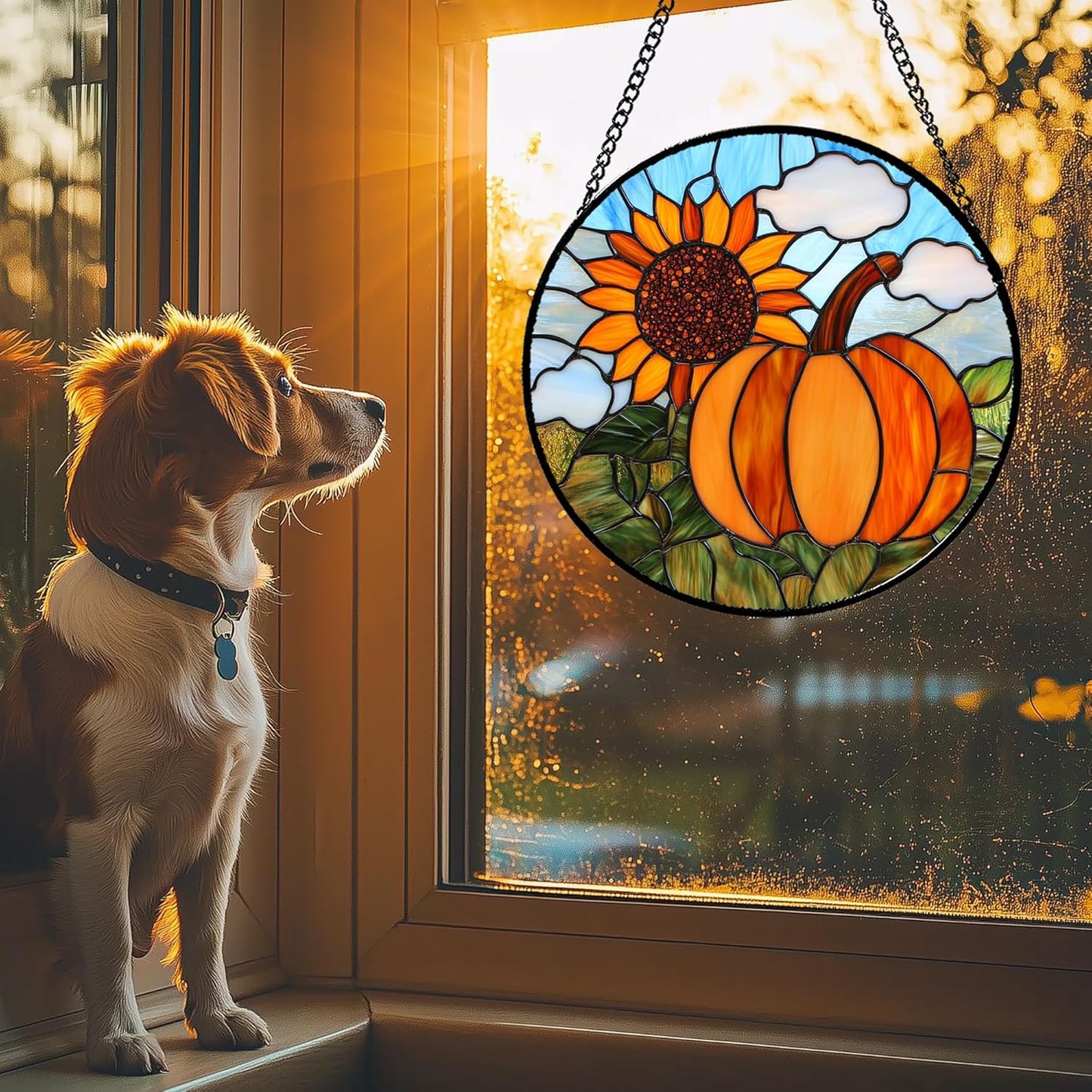 Stained Glass Window Hanging Fall Farm Scenery Sunflower Pumpkin 9.8" - Suncatcher Door Garden Kitchen Sunroom Sun Catcher Home Decor Birthday for Mom Grandma Men Woman