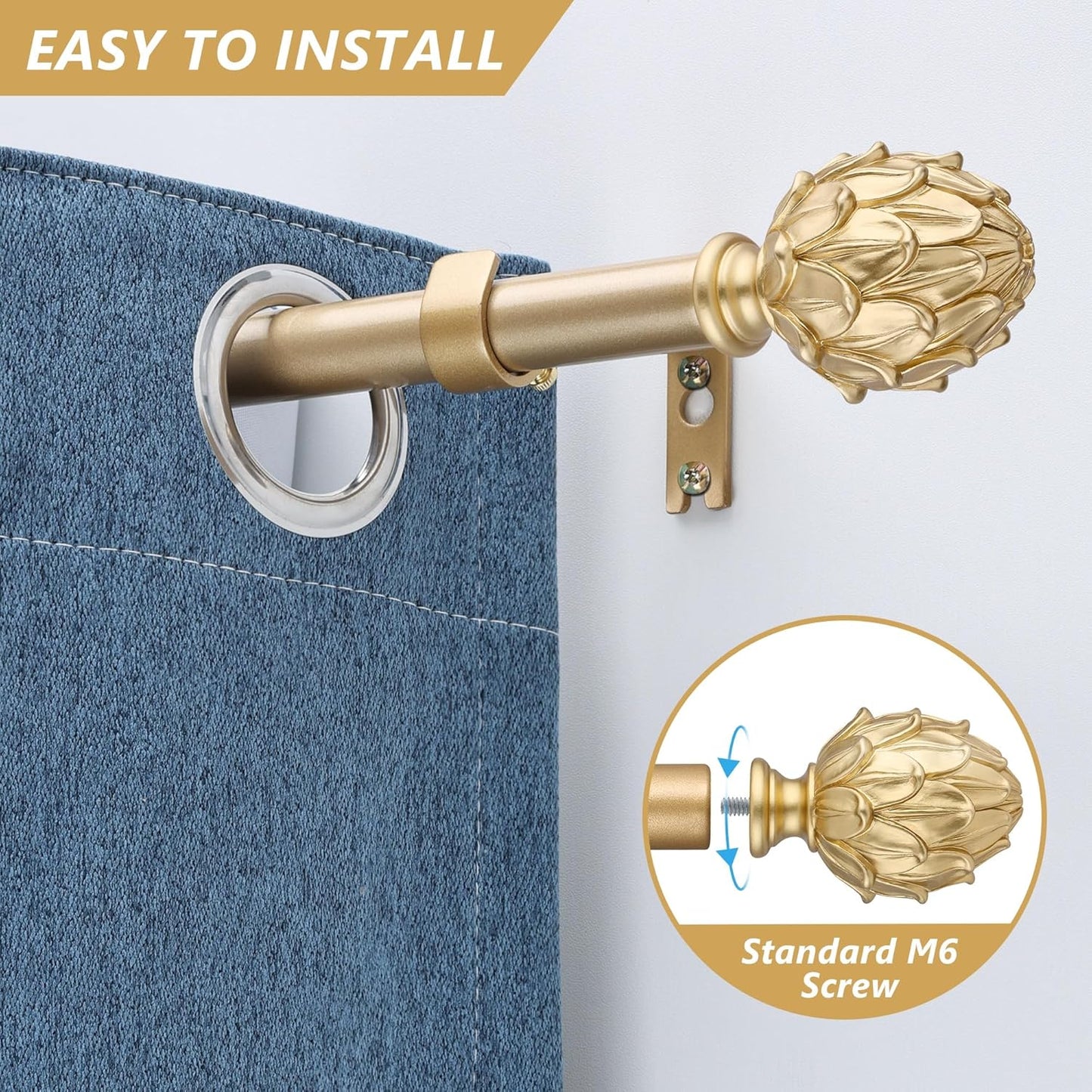 Curtain Rods for Windows 66 to 120 Inches 1 Inch Diameter Adjustable Drapery Rod Decorative Single Window Curtain Rods with Classic Finials, Gold
