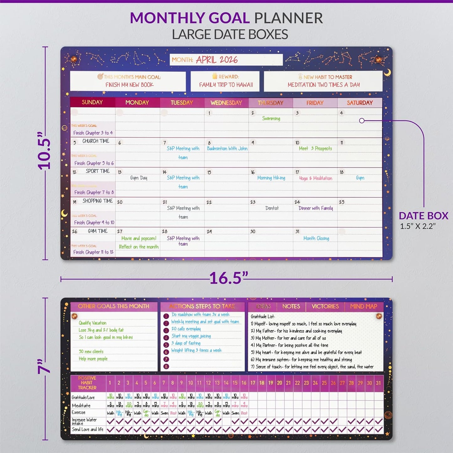 Magnetic Whiteboard for Fridge - Large Dry Erase Calendar for Wall | 2 Magnetic Dry Erase Board 10.5" x 16.5" & 7" x 16.5", Monthly Goal Setting & Habit Tracker, 5 Markers and 6 Adhesive Hooks