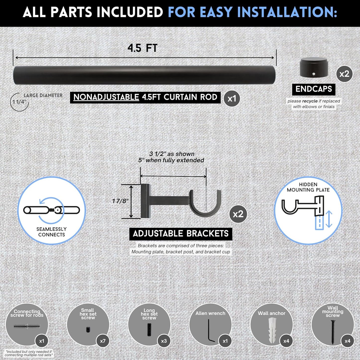 BlastHome® Non-Adjustable Luxury Curtain Rods for Windows, 1 ¼” Rod Set, 4 1/2 foot Fixed Length, Brushed Dark Brown
