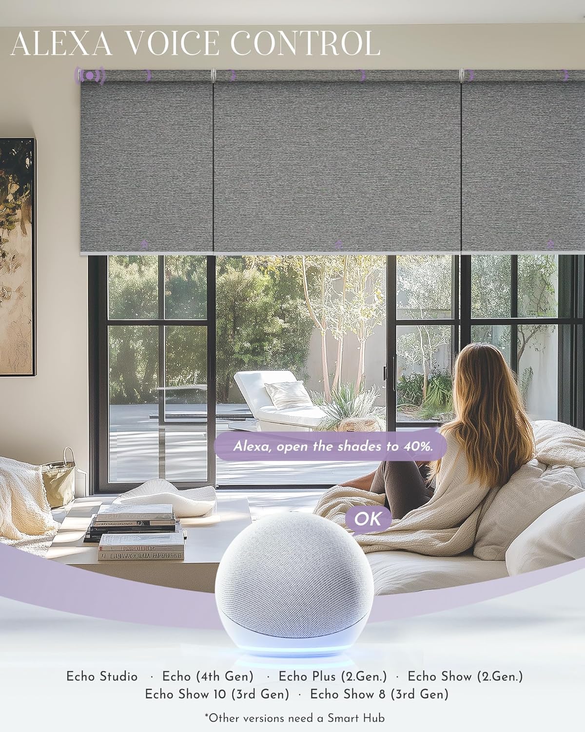 Graywind Smart Coupled Roller Shades Compatible with Alexa Google Custom Size Extra Large Motorized Blinds for Windows(Striped Grey)