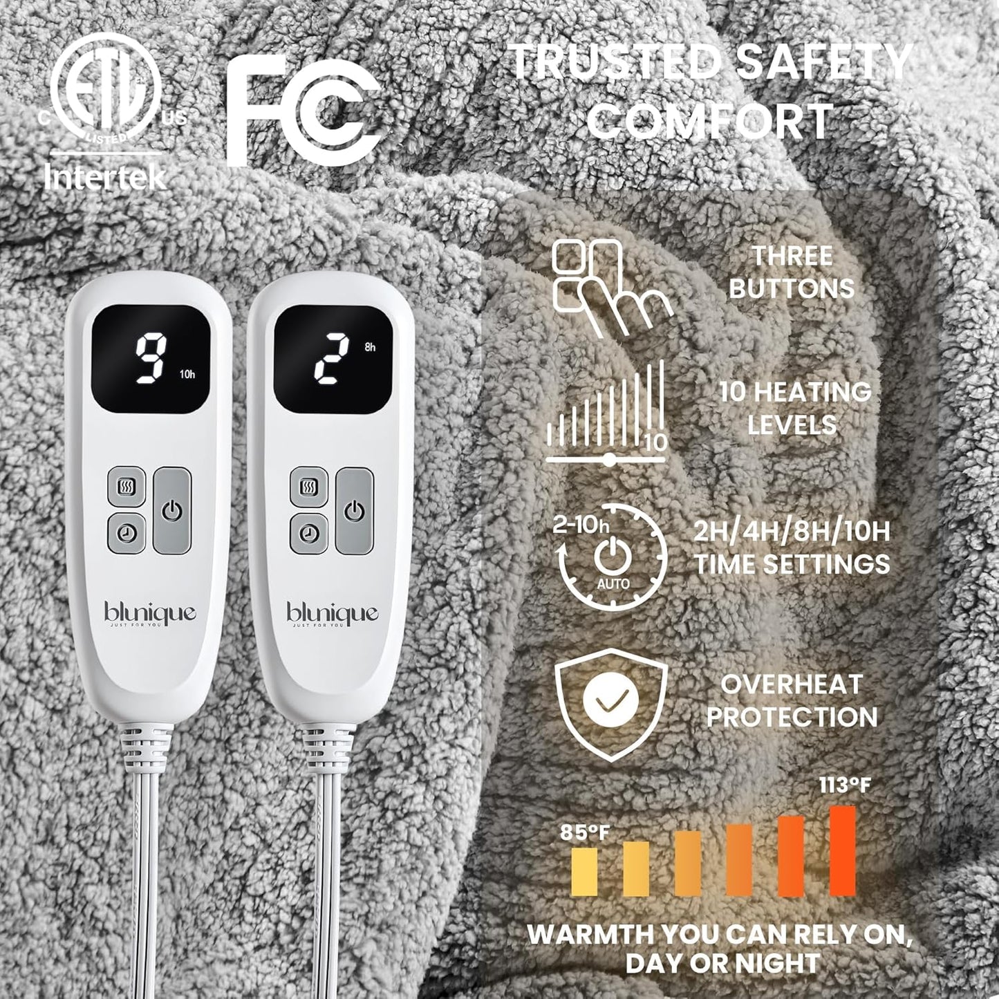 Heated Blanket Electric Blanket Queen - Fast Heating Blanket Throw Dual Control Double Sided Sherpa with 6 Heating Levels & 1-10 Hours Auto Off, Mashine Washable, 84 x 90 Inches, Grey