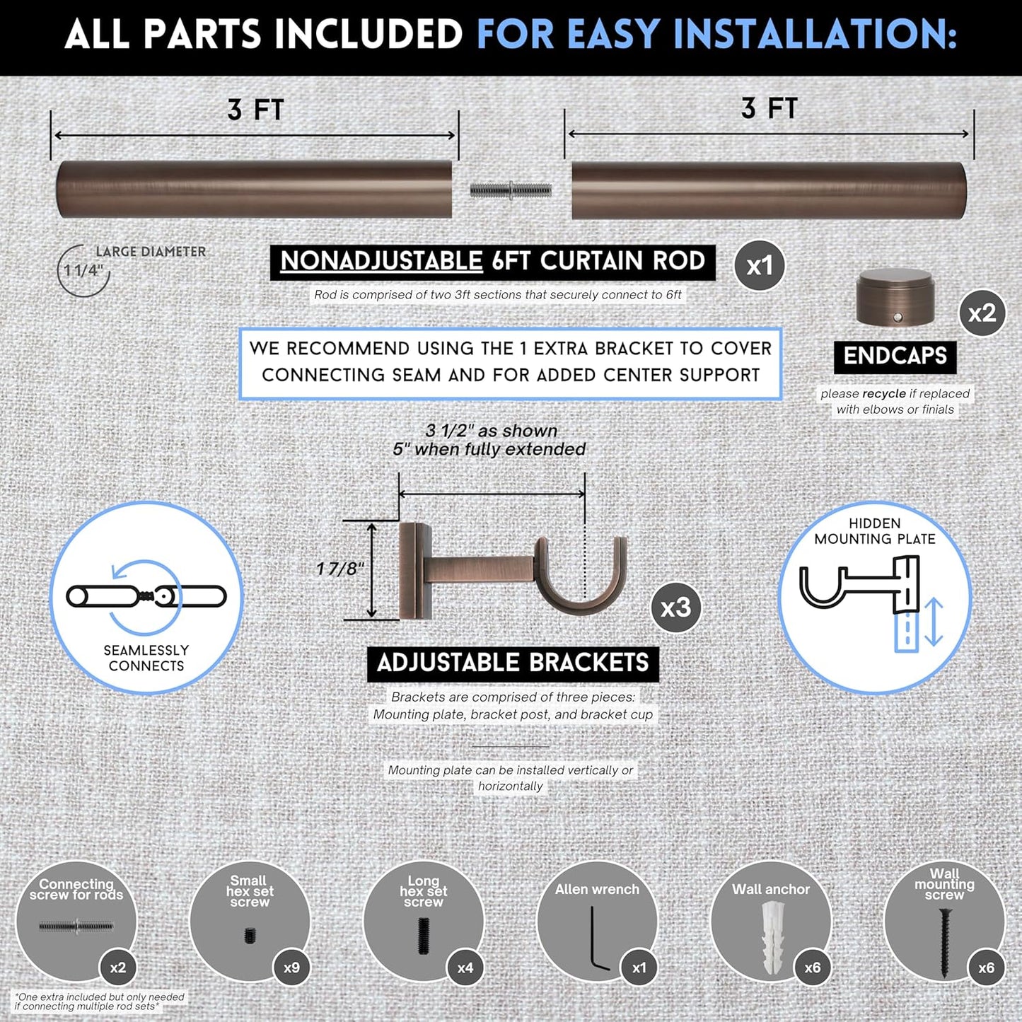 BlastHome® Non-Adjustable Luxury Curtain Rods for Windows, 1 ¼” Rod Set, 6 foot Fixed Length (Two Rods Connect for a Seamless Look), Oil Rubbed Bronze