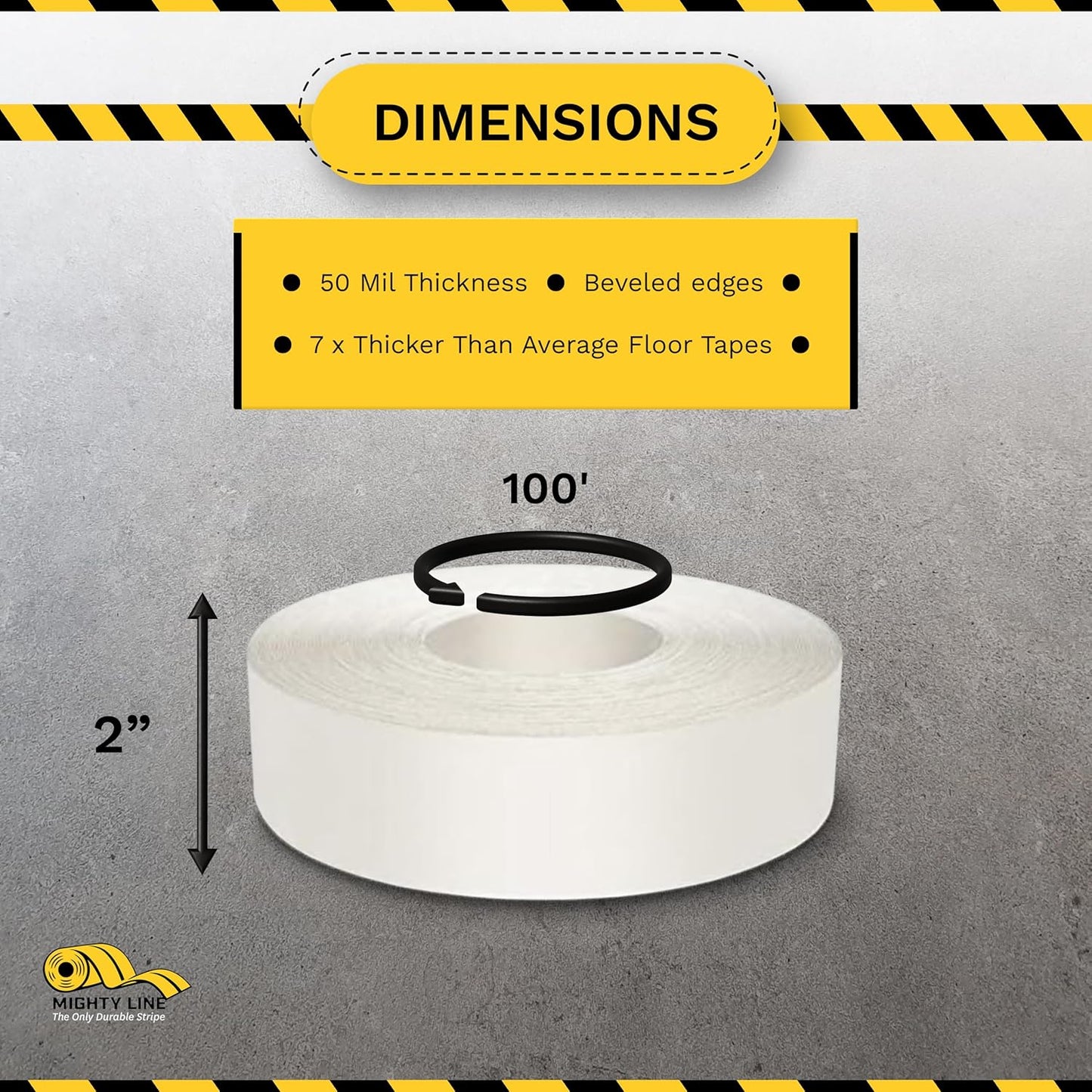 Mighty Line UltraLine Solid Floor Marking Tape for Safety, Caution, Warning, Heavy-Duty, Peel and Stick Adhesive, Beveled Edge Design, Industrial Quality, 2 Inch, 100' Roll, White