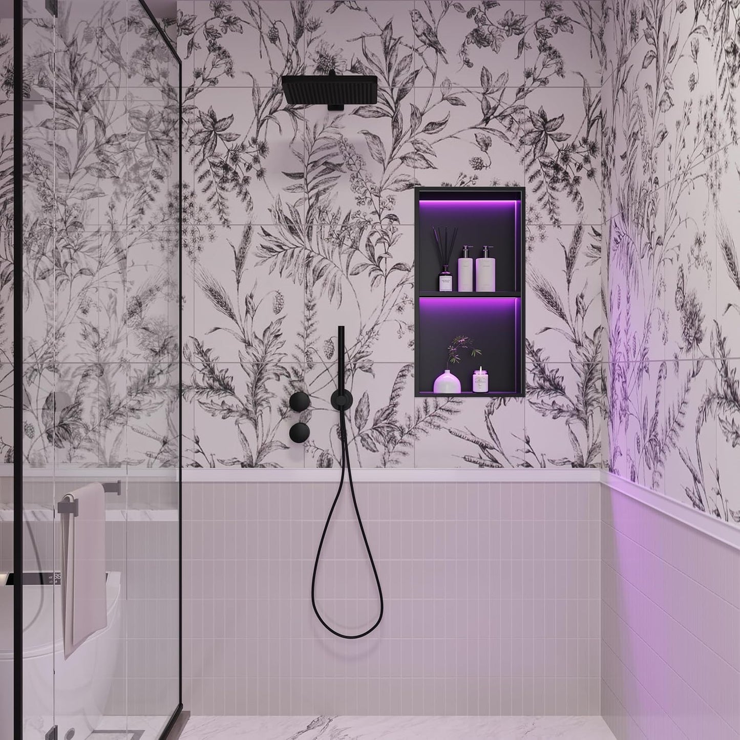 Stainless Steel Shower Niche 12" X 24", No Tile Needed Wall Niche with RGB Led Light, Recessed Shower Shelf for Bathroom Storage Over Mount Installation, Matte Black