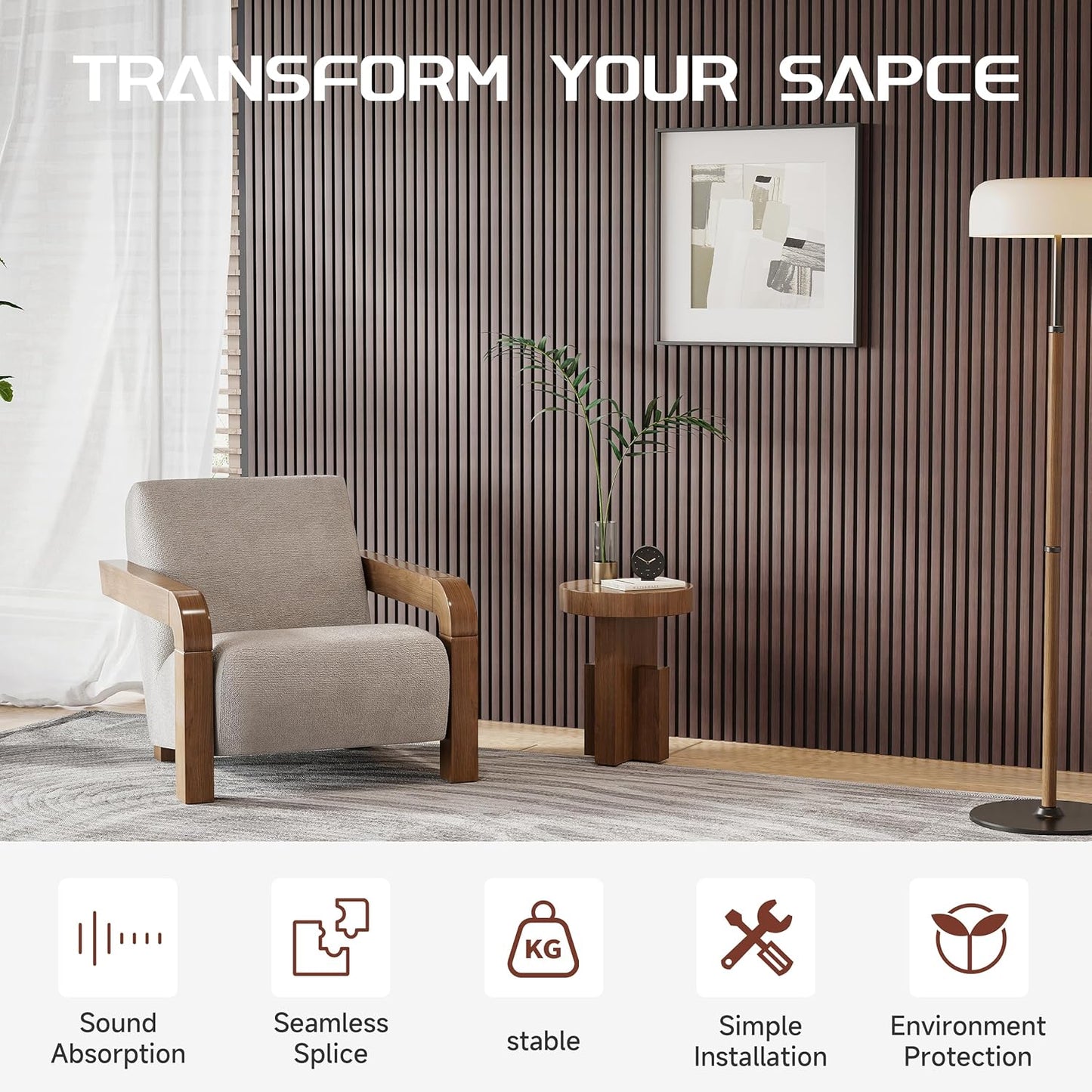 Wood Slat Wall Panels, 2 Pack 8 x 1 ft Decorative Wood Panels for Wall,Stylish Wall Panels for Interior Wall Decor, Modern Acoustic Wood Wall Panels with Felt Backing, Walnut