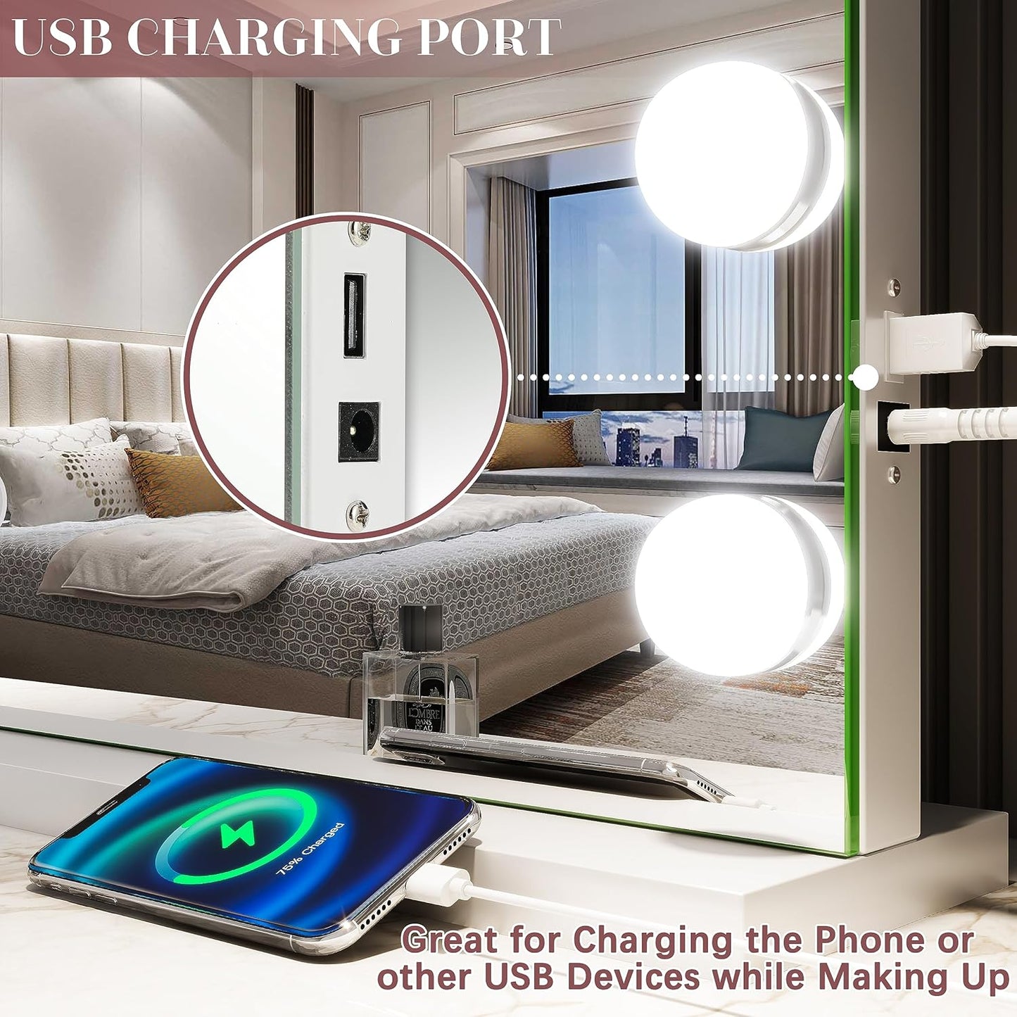 ROLOVE 32"x24" Hollywood Vanity Mirror with Lights, 18 Dimmable LED Bulbs, 3 Color Modes, 10X Magnification, USB Charging Port, Tabletop or Wall-Mounted