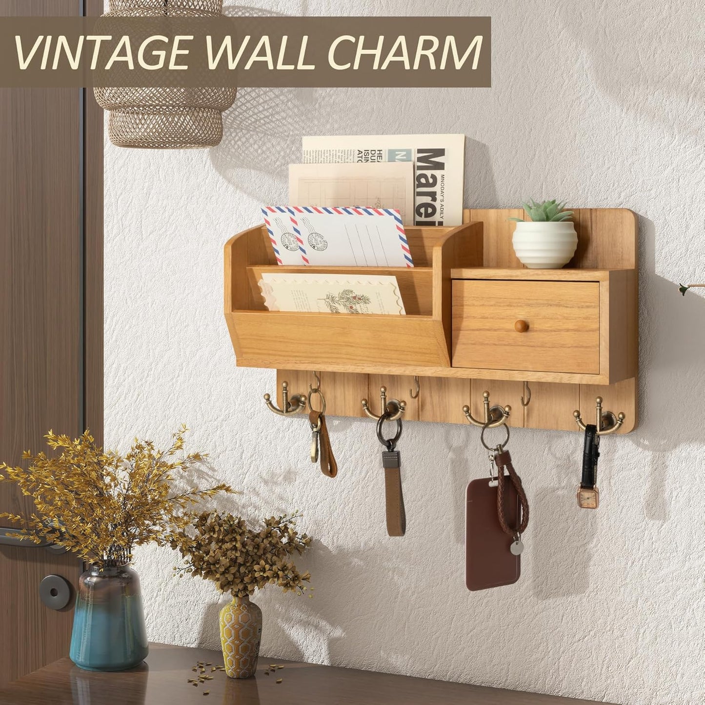 Rebee Vision Key Holder Wall Mount with Mail Organizer - Modern Farmhouse Key and Mail holder for Wall with Wall Hooks and Drawer - Apartment Essentials for Home Decor Aesthetic(Light Brown)