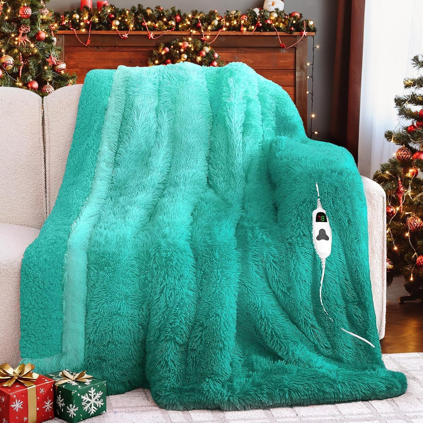 Heated Electric Blanket Throw–Faux Fur with Soft Thick Sherpa,Warm Winter Birthday Gifts for Women Grandma10 Heat Settings,5 Time Settings with Fast Heating, 50x60, Forest Mist