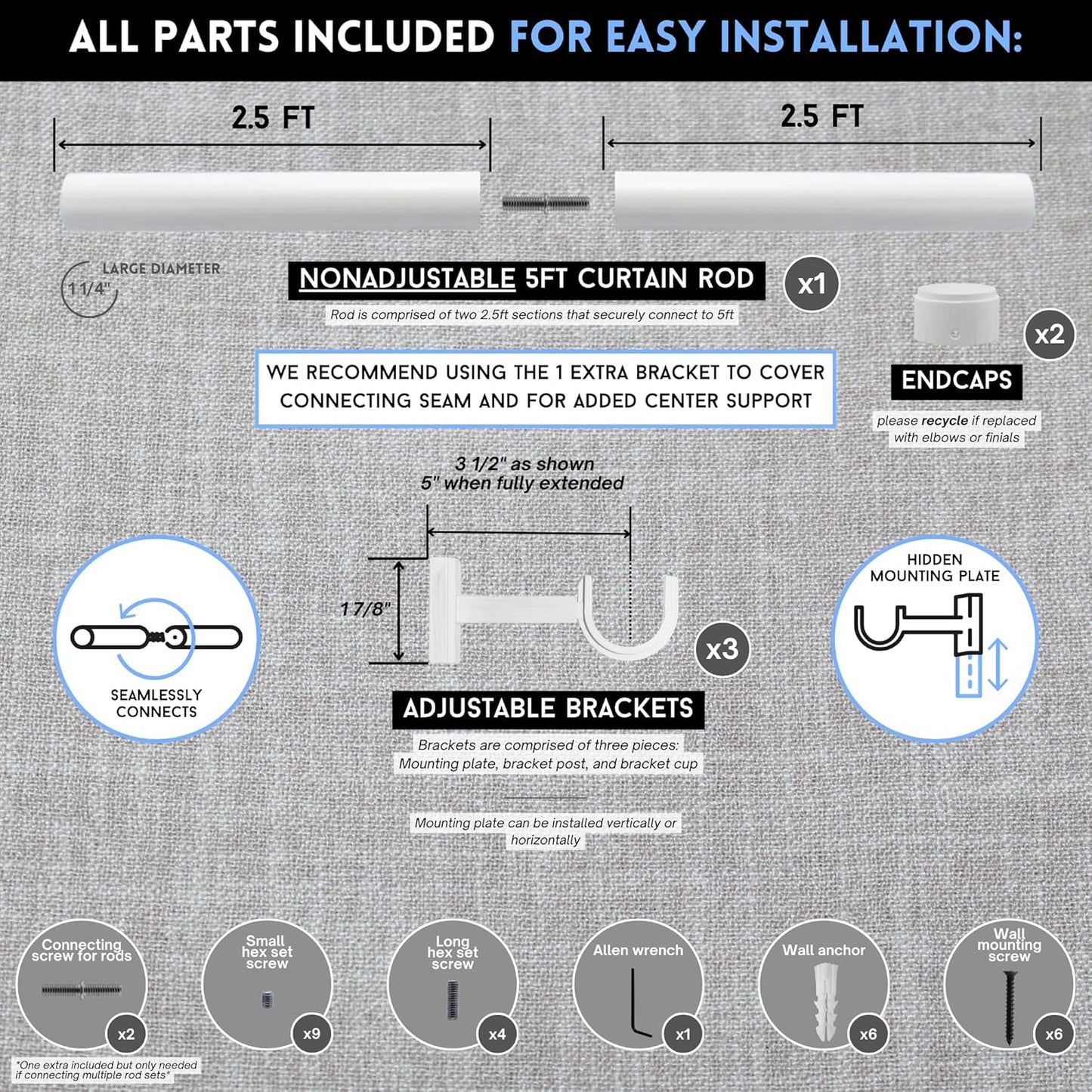 BlastHome® Non-Adjustable Luxury Curtain Rods for Windows, 1 ¼” Rod Set, 5 foot Fixed Length (Two Rods Connect for a Seamless Look), Brushed White