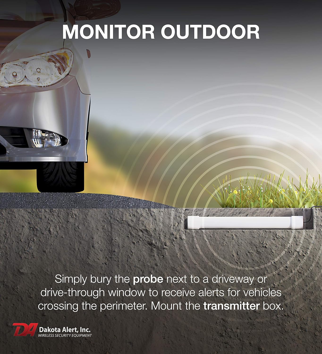 Dakota Alert Driveway Alarm Sensor - DCPT-4000 Driveway Alarms Wireless Outside Weatherproof Vehicle Sensor, 1 Mile Long Range Sensors , Vehicle Detecting Probe Transmitter & 50' Direct Burial Cable