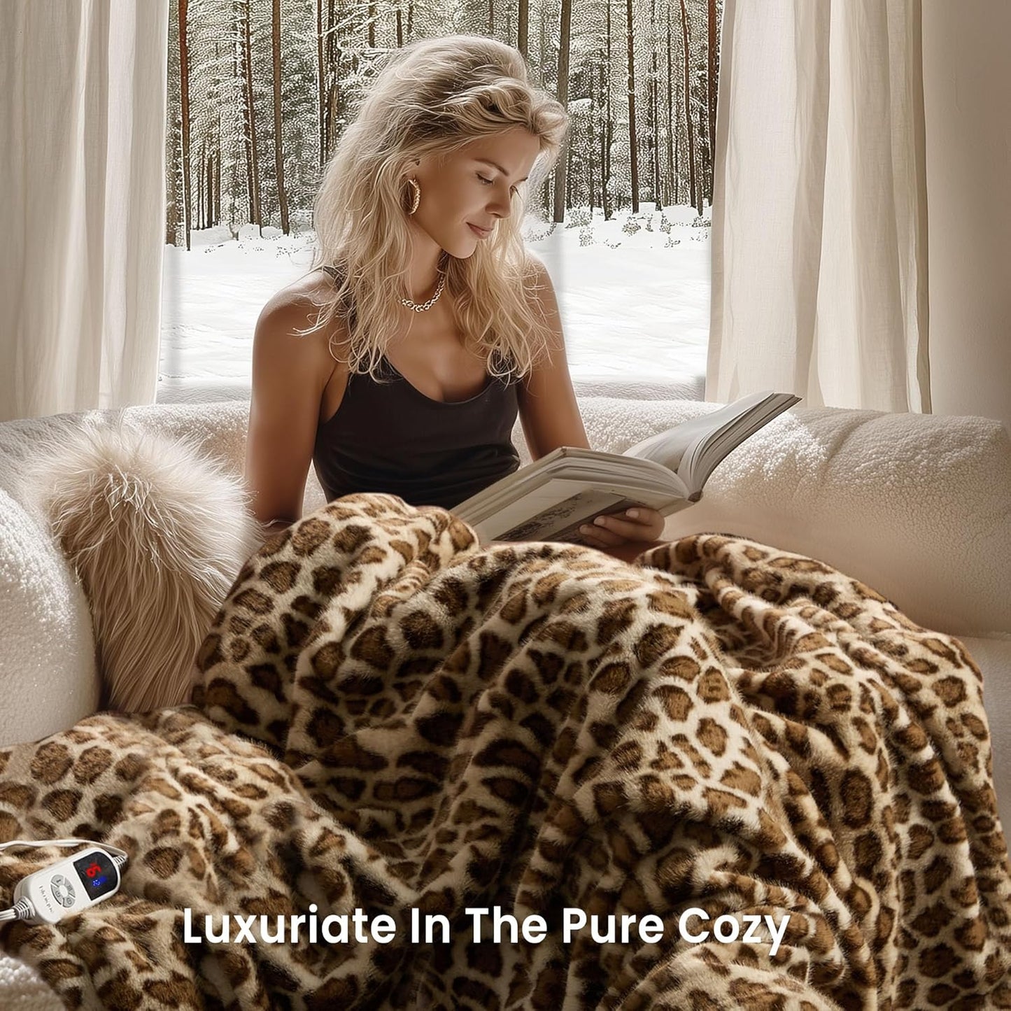 Luxury Faux Fur Heated Blanket Electric Throw - Leopard Print Ultra Soft Thick Warm Heated Blanket, 6 Heating Levels & 12 Hours Auto-Off, ETL Certified, Washable, Luxurious Gifts, 50''x60''